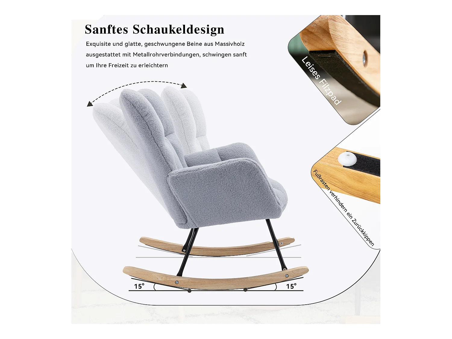 Fauteuil à bascule moderne du milieu du siècle,capitonné en tissu Teddy