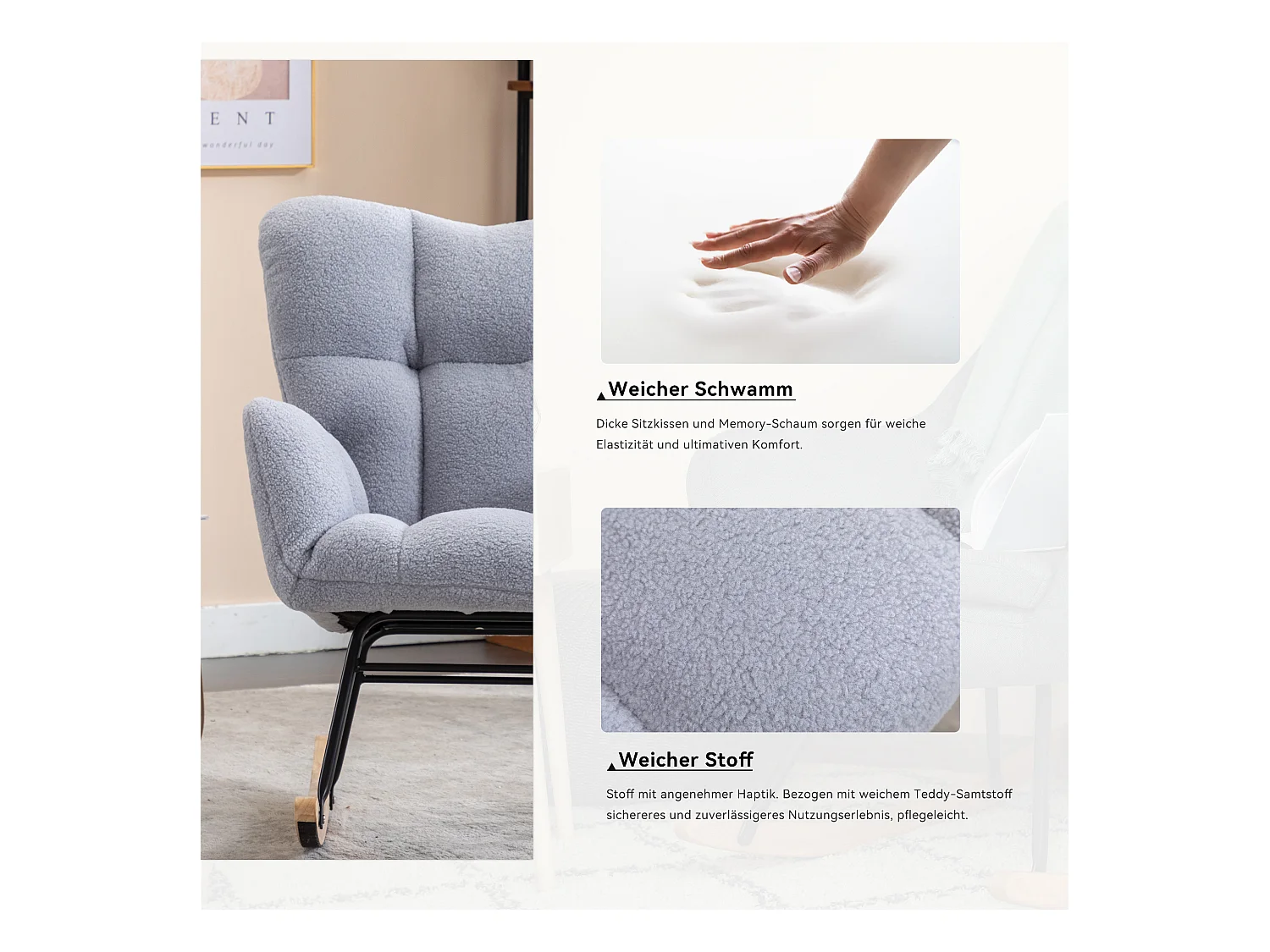 Fauteuil à bascule moderne du milieu du siècle,capitonné en tissu Teddy