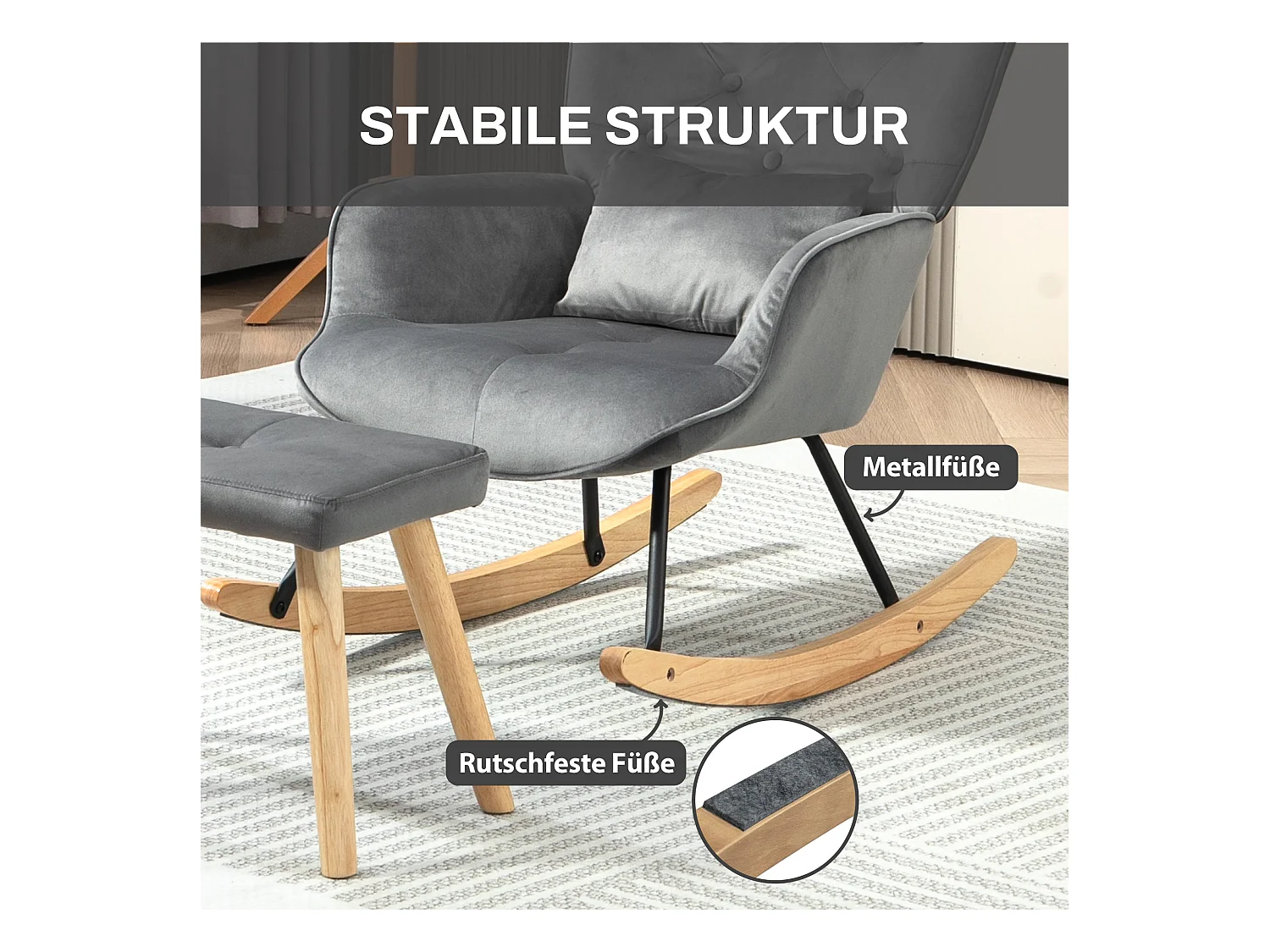 Schaukelstuhl mit Hocker, Relaxsessel mit Kissen, Samtoptik