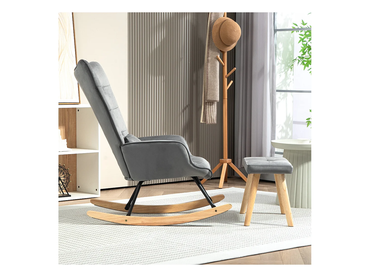 Schaukelstuhl mit Hocker, Relaxsessel mit Kissen, Samtoptik