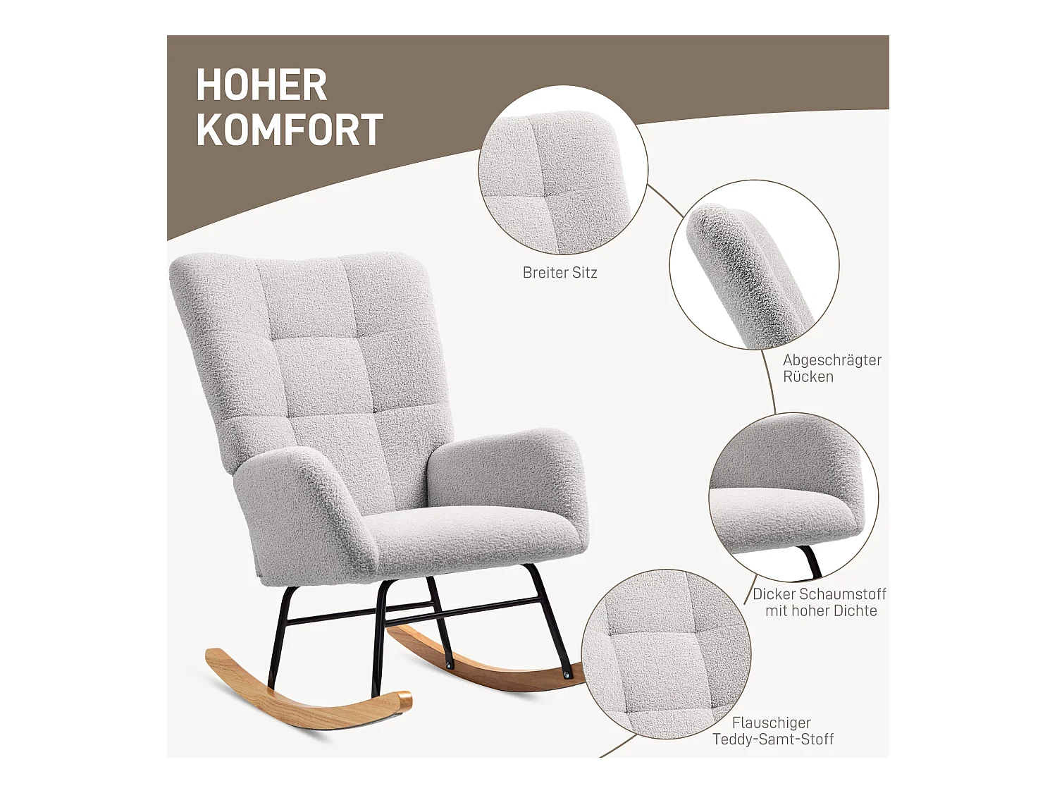 Fauteuil à bascule avec accoudoirs,aspect velours Teddy,fauteuil inclinable