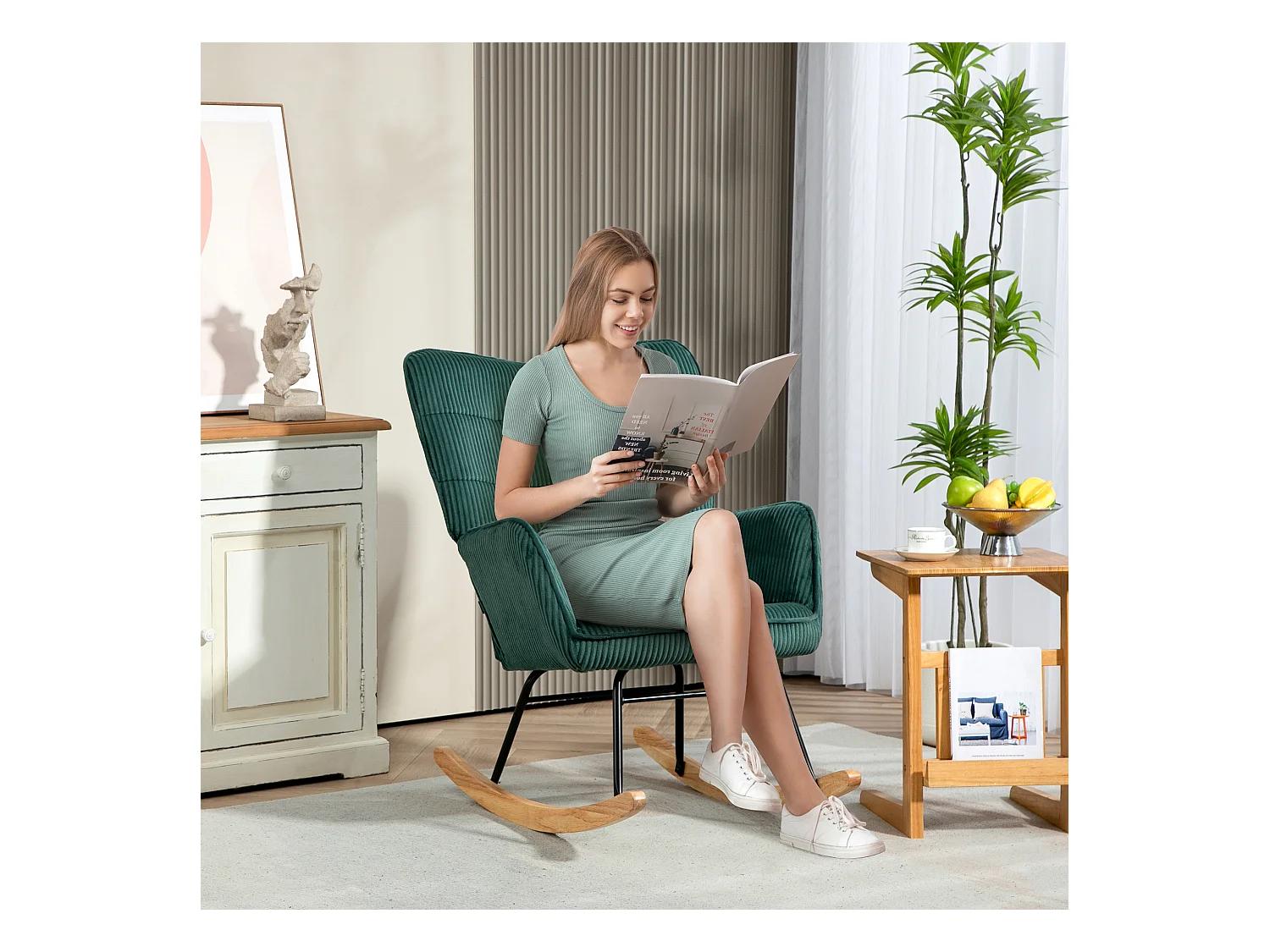 Fauteuil à bascule,fauteuil à bascule aspect velours côtelé,fauteuil avec patins en bois