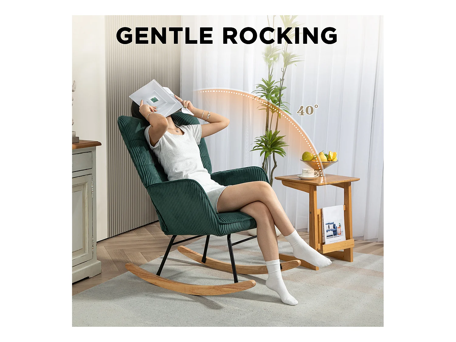 Fauteuil à bascule,fauteuil à bascule aspect velours côtelé,fauteuil avec patins en bois