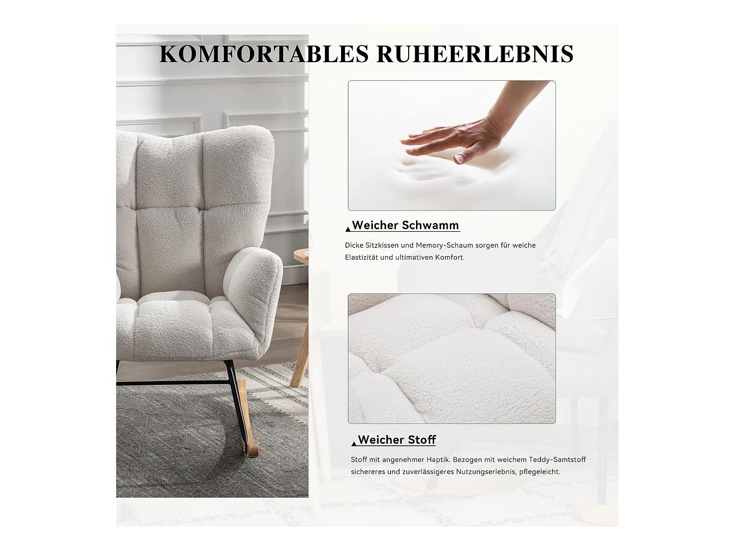 Fauteuil à bascule en tissu Teddy,style milieu du siècle,avec rembourrage capitonné