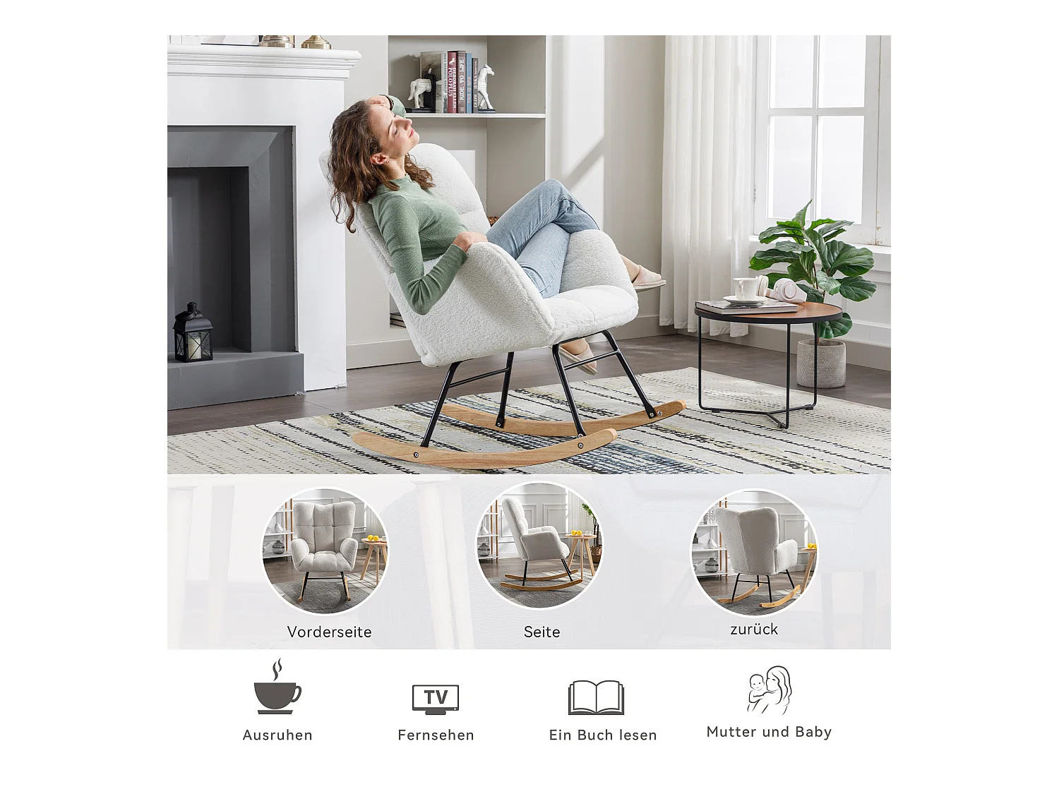 Fauteuil à bascule en tissu Teddy,style milieu du siècle,avec rembourrage capitonné