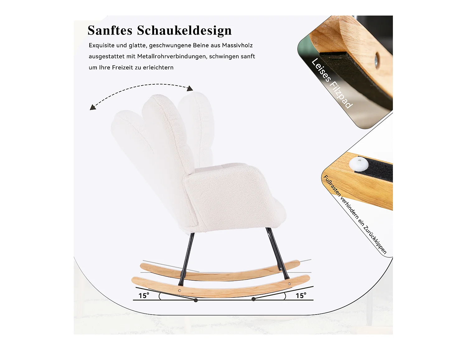 Teddystoff-Schaukelstuhl im Mid-Century-Stil mit gestepptem Bezug