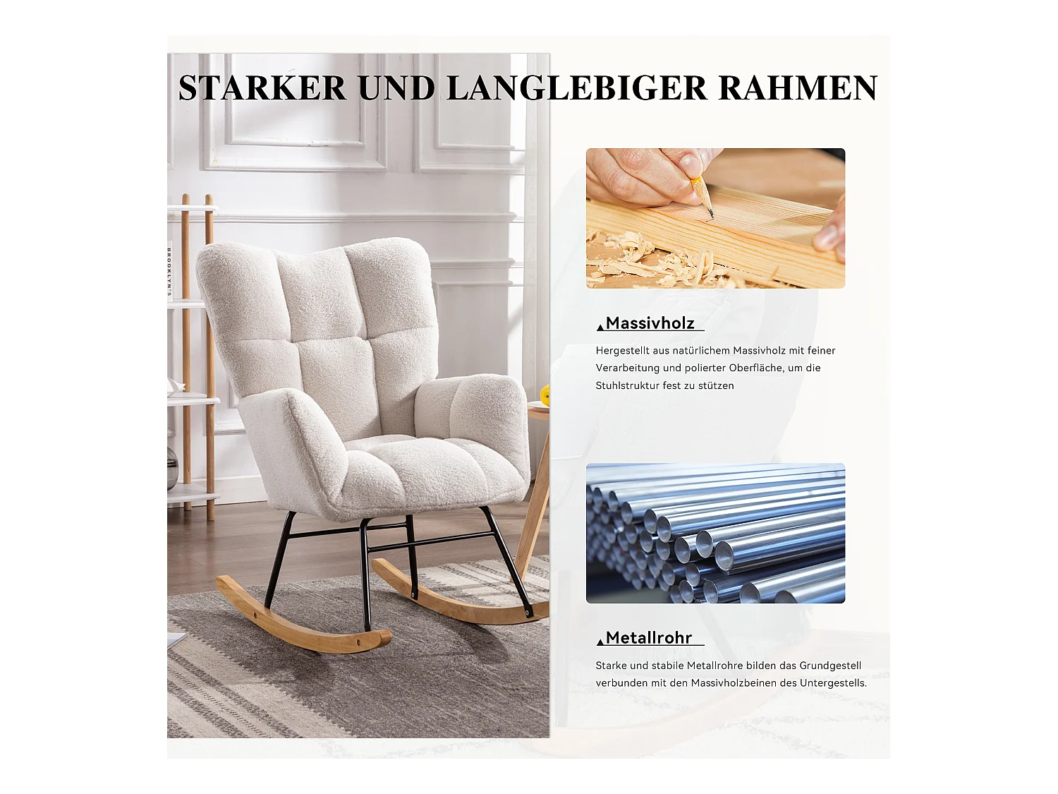 Teddystoff-Schaukelstuhl im Mid-Century-Stil mit gestepptem Bezug