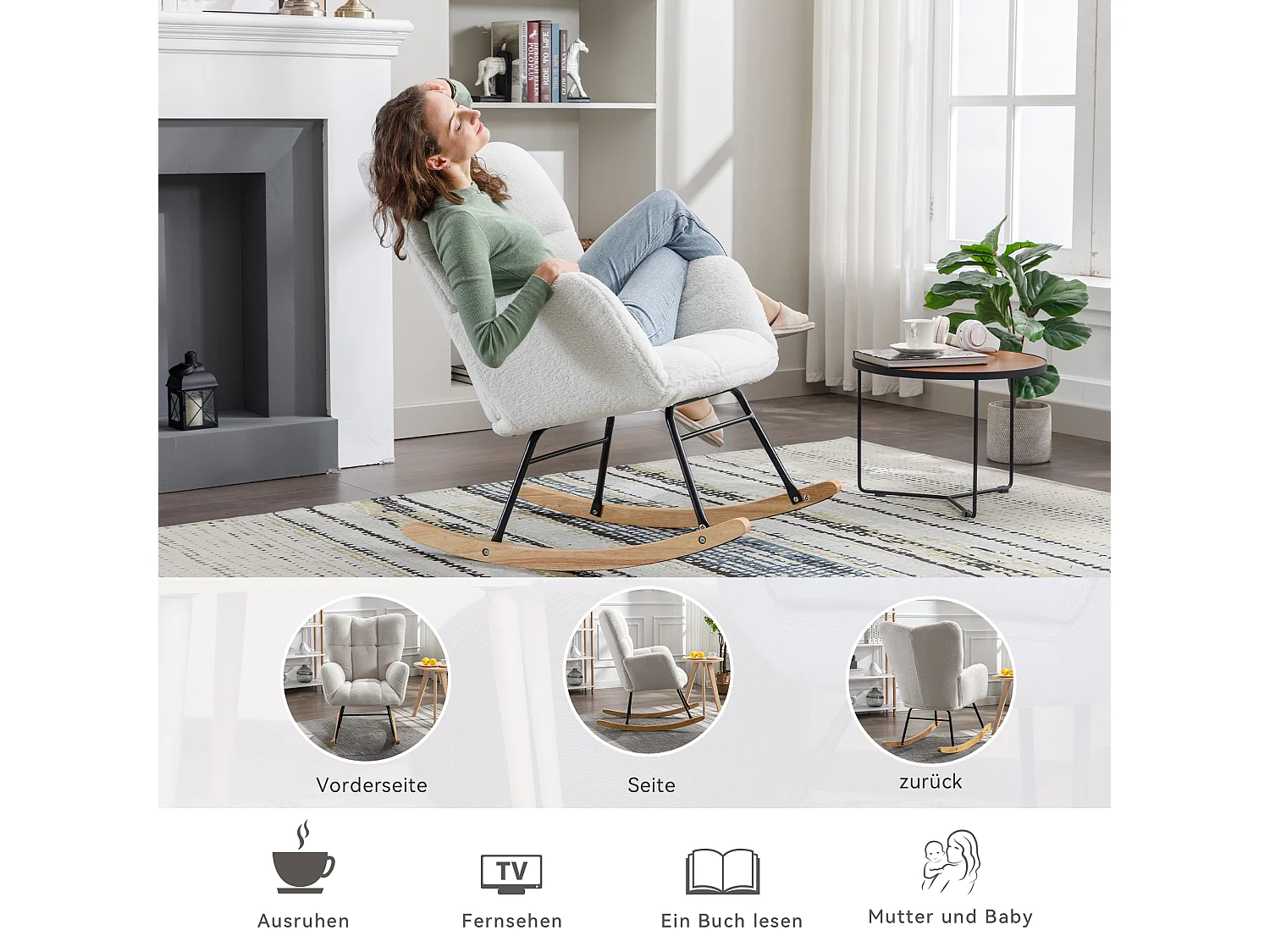 Teddystoff-Schaukelstuhl im Mid-Century-Stil mit gestepptem Bezug