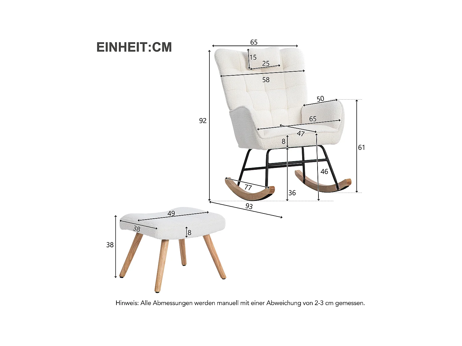 Ergonomische witte schommelstoel, 92 cm hoog, schommelstoel, woonkamerstoel