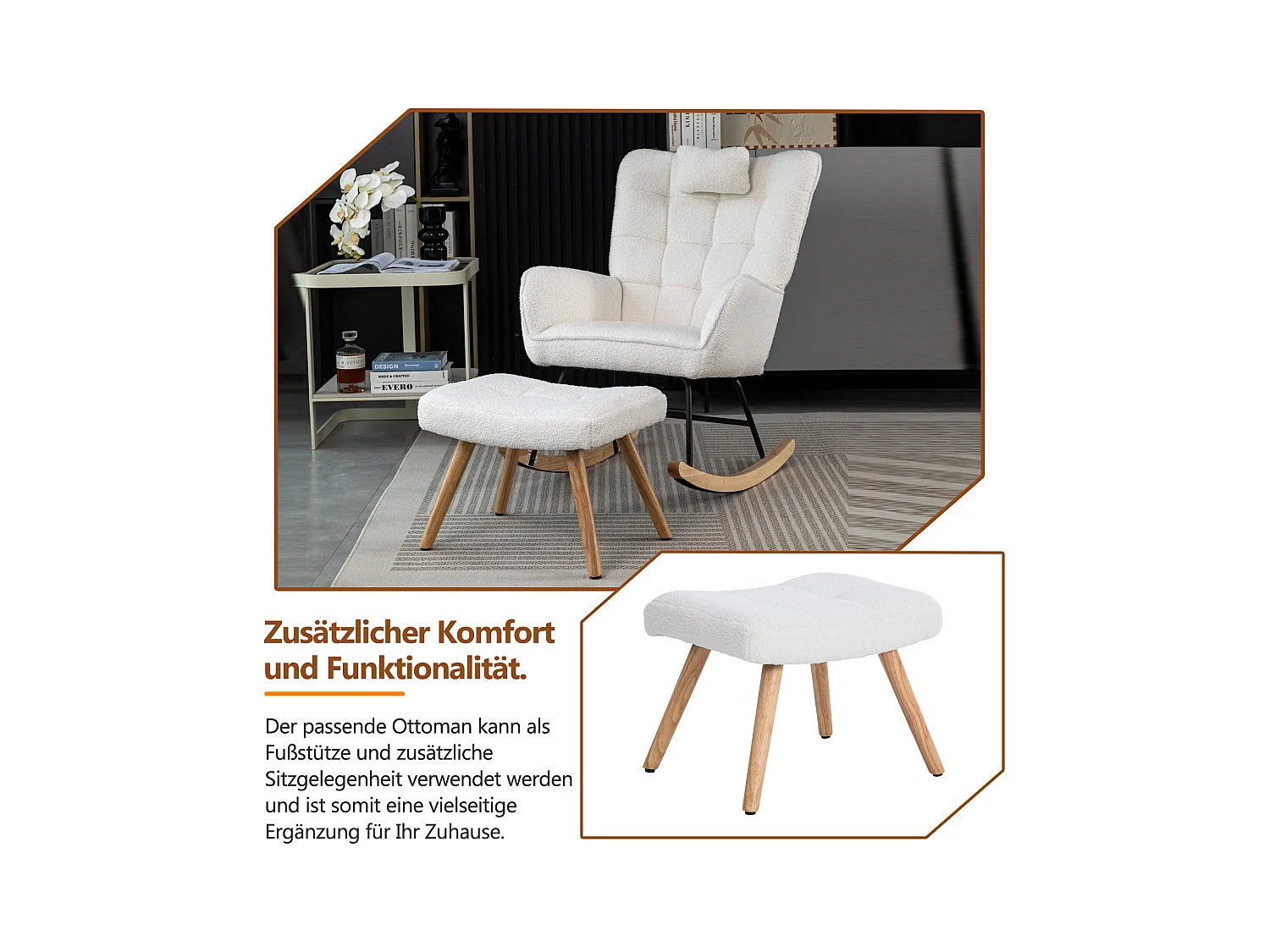 Ergonomische witte schommelstoel, 92 cm hoog, schommelstoel, woonkamerstoel