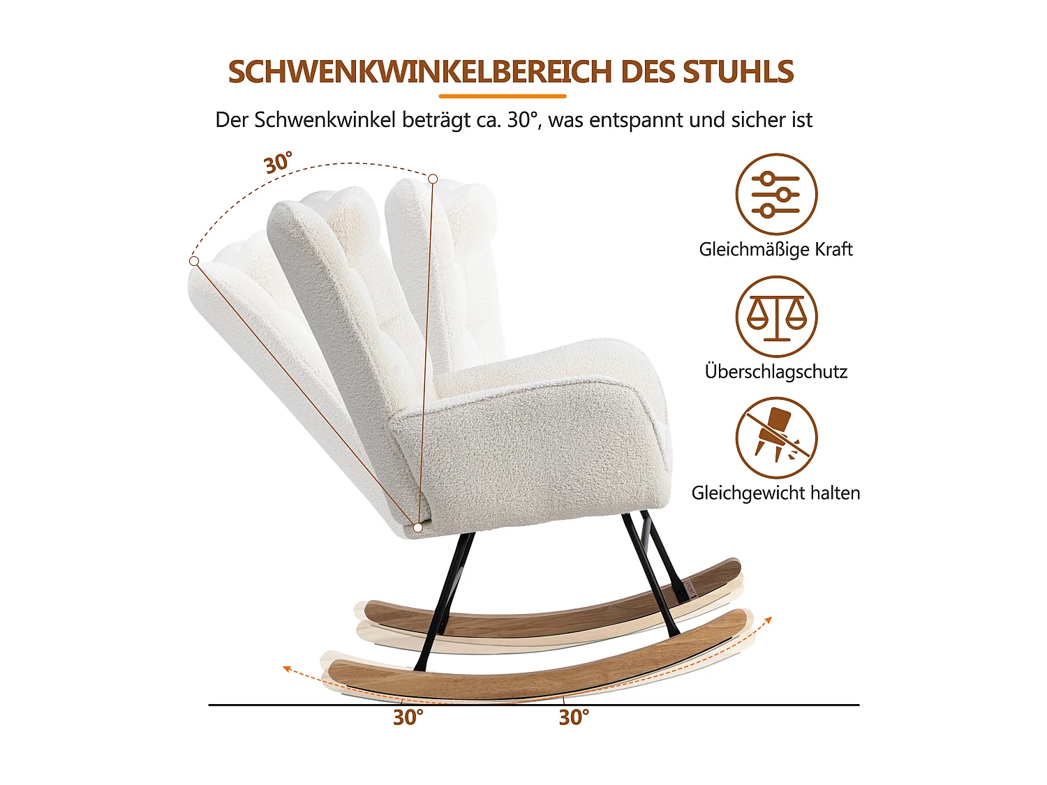 Ergonomische witte schommelstoel, 92 cm hoog, schommelstoel, woonkamerstoel