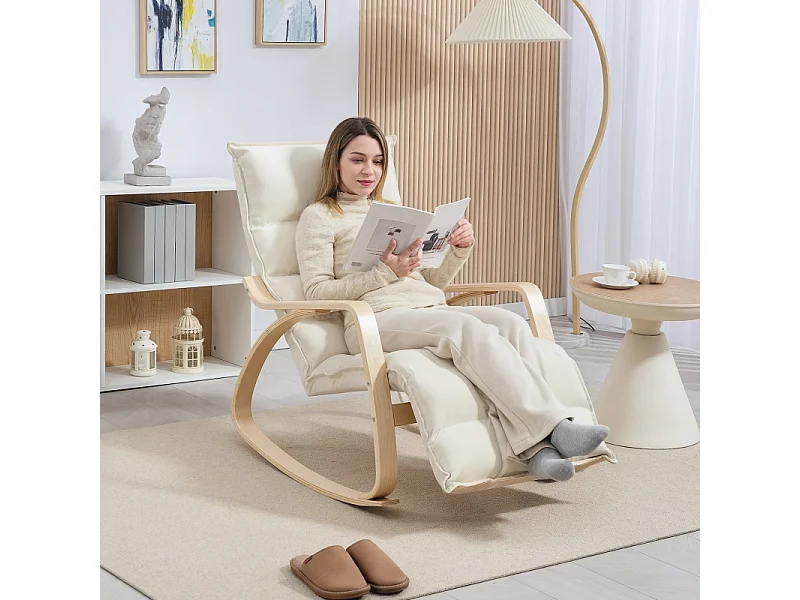 Schommelstoel met rugleuning, voetensteun, fauteuil, linnenlook relaxfauteuil, schommelstoel