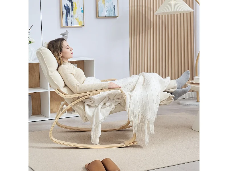 Schommelstoel met rugleuning, voetensteun, fauteuil, linnenlook relaxfauteuil, schommelstoel