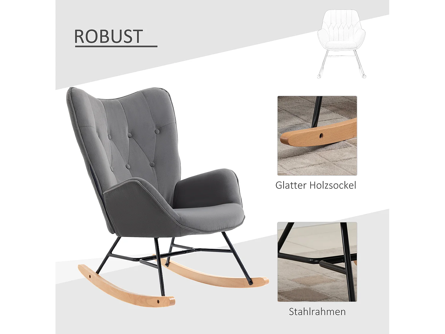 Cadeira de baloiço com aspeto de aço, cadeira estofada para sala de estar