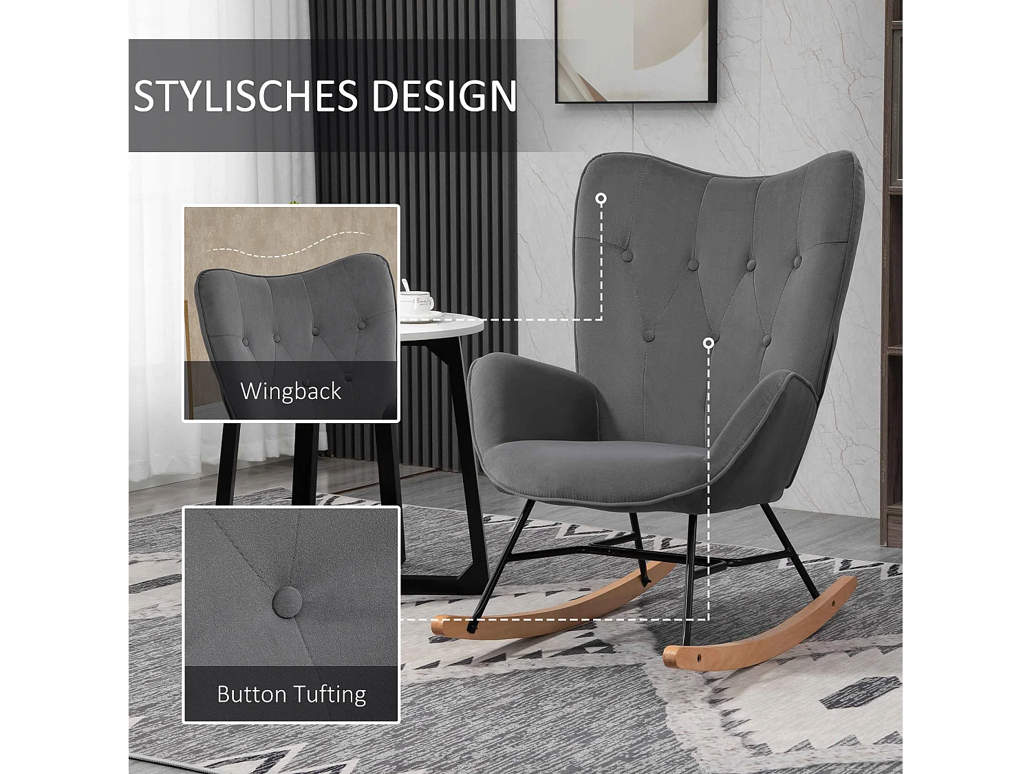 Cadeira de baloiço com aspeto de aço, cadeira estofada para sala de estar