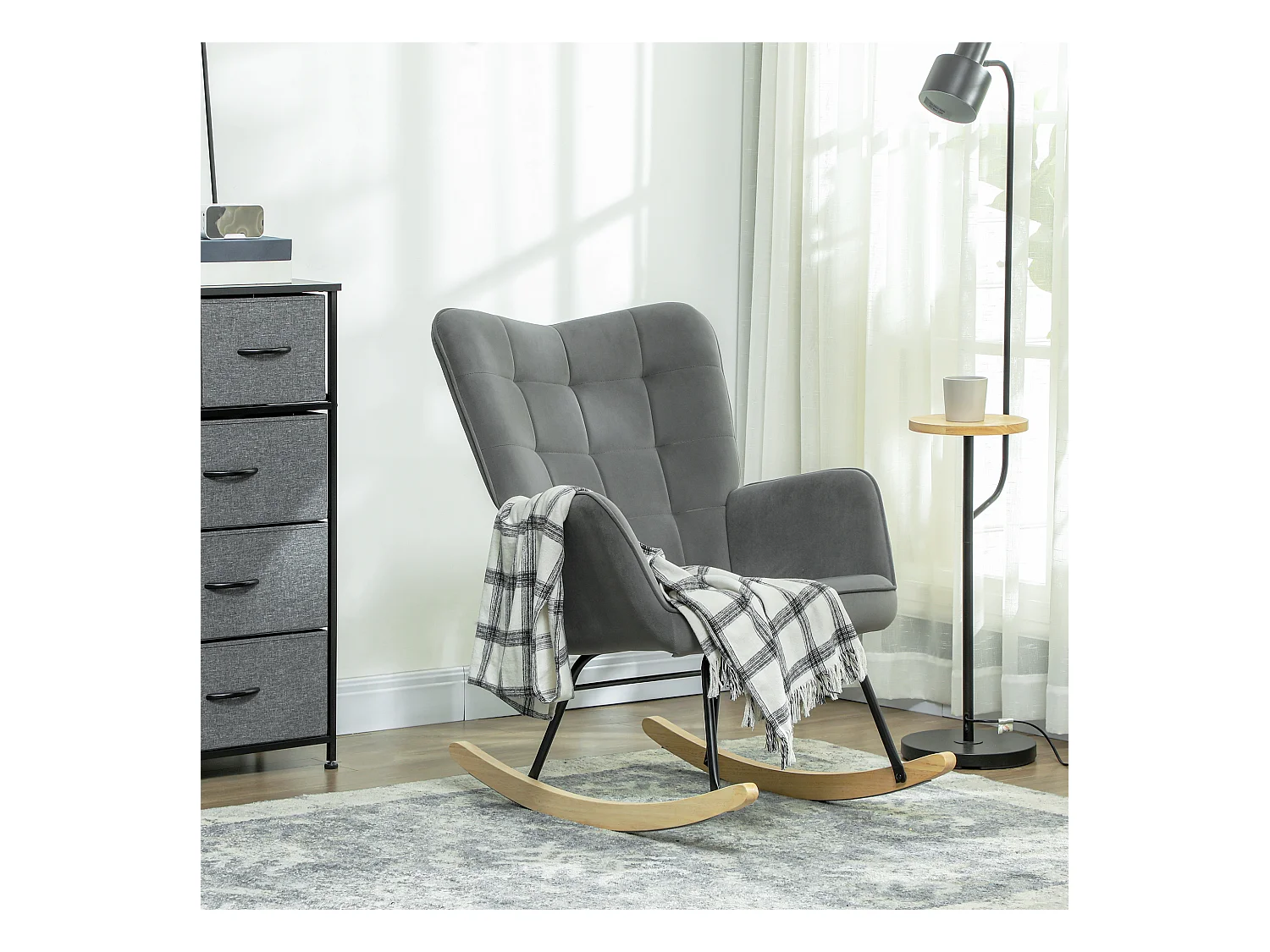 Schaukelstuhl, Samtoptik, Armlehnen, Holzgleiter, Relaxsessel