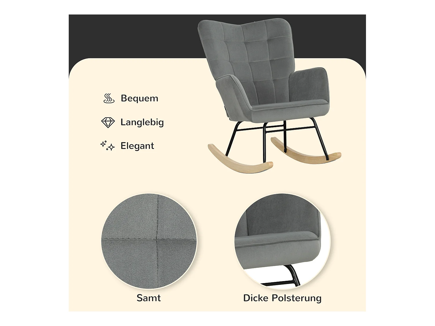 Schaukelstuhl, Samtoptik, Armlehnen, Holzgleiter, Relaxsessel