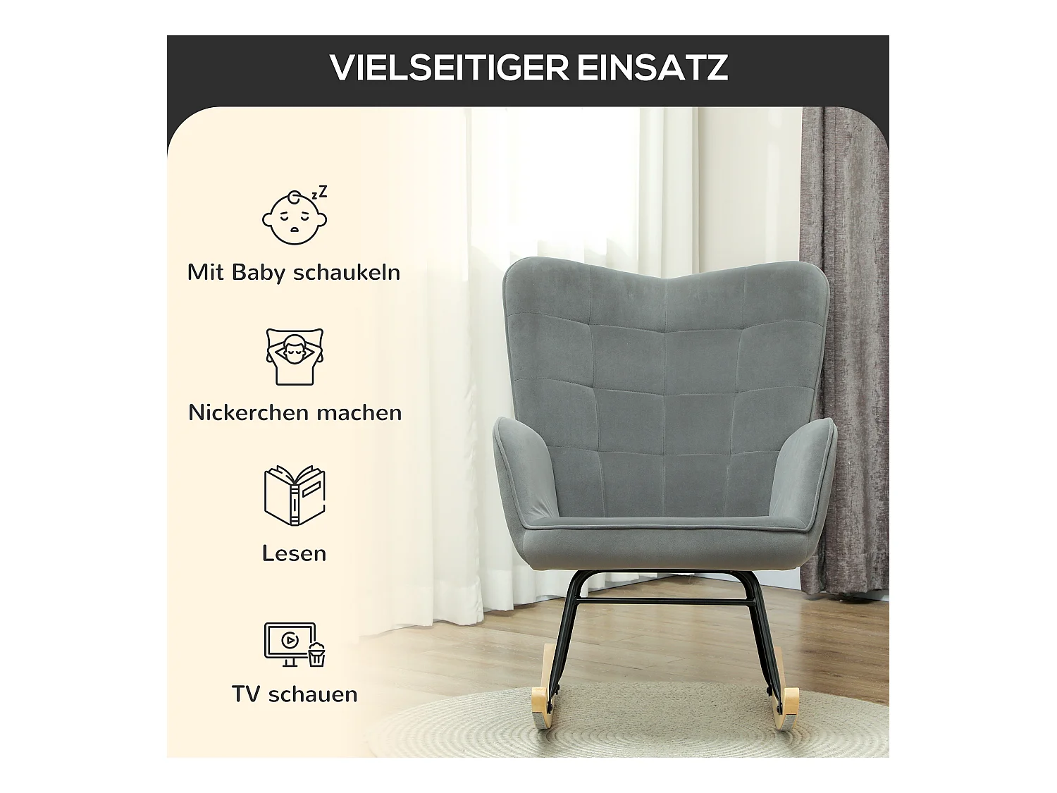 Schaukelstuhl, Samtoptik, Armlehnen, Holzgleiter, Relaxsessel