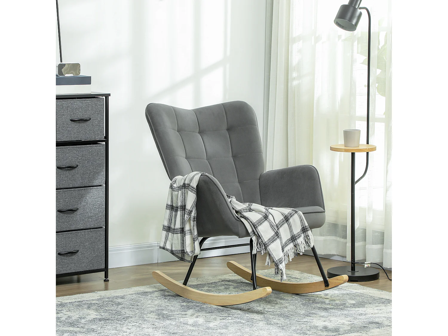 Fauteuil à bascule aspect velours,accoudoirs,patins en bois,fauteuil relax