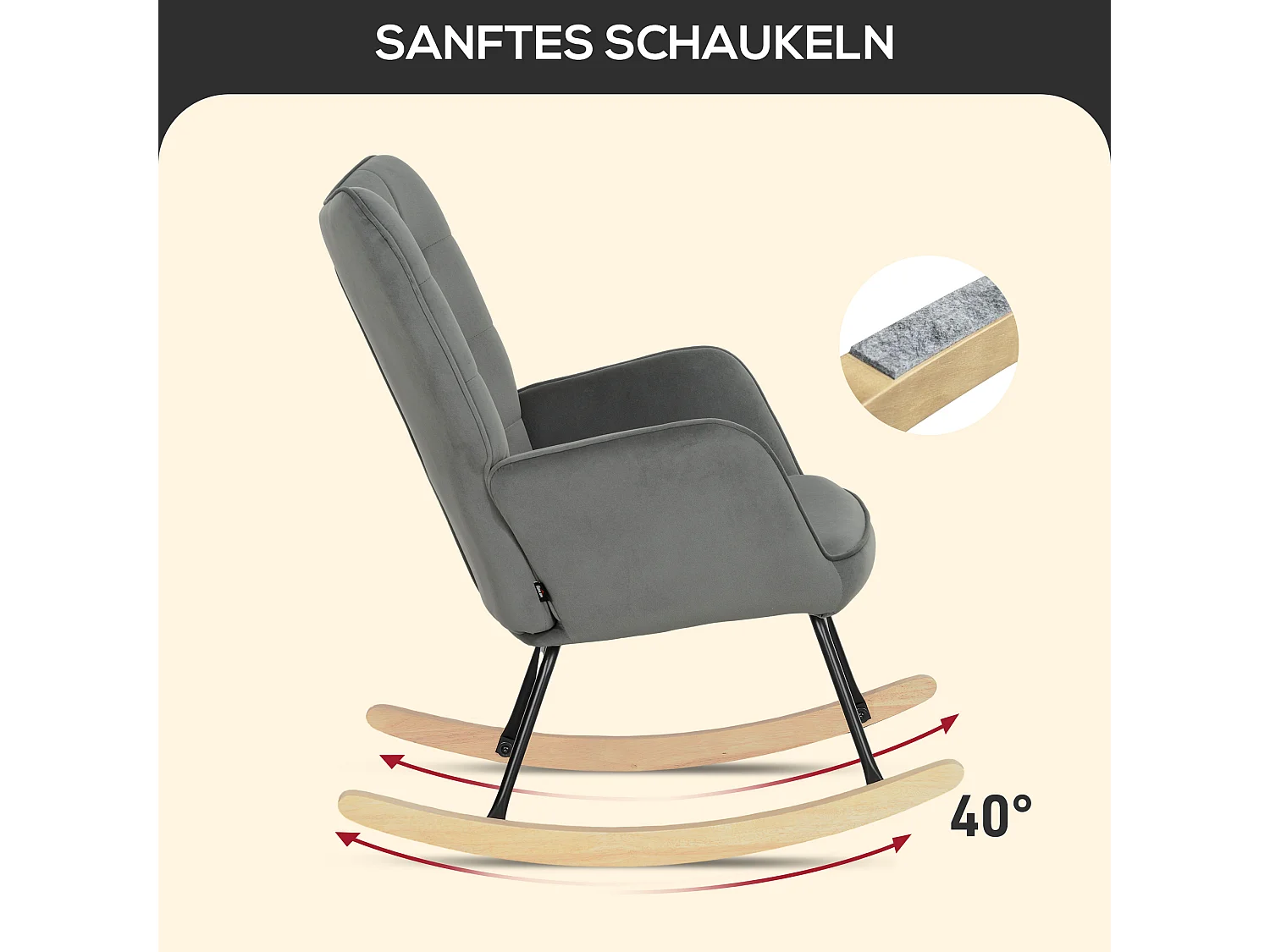 Fauteuil à bascule aspect velours,accoudoirs,patins en bois,fauteuil relax