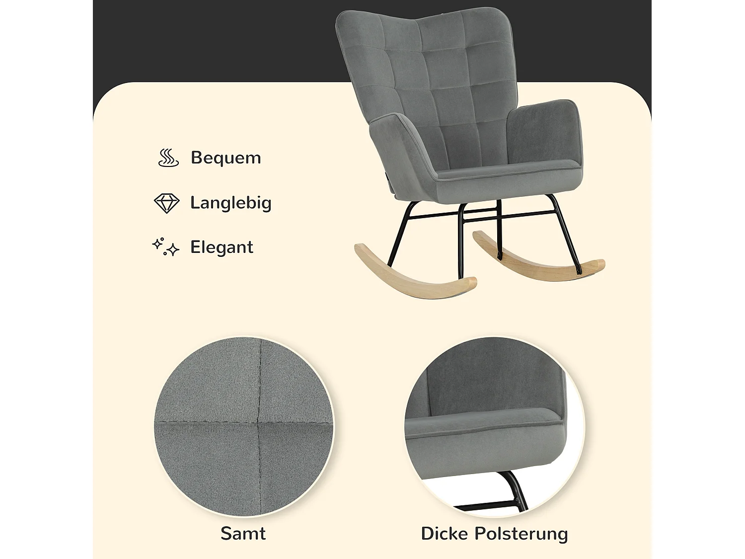 Fauteuil à bascule aspect velours,accoudoirs,patins en bois,fauteuil relax