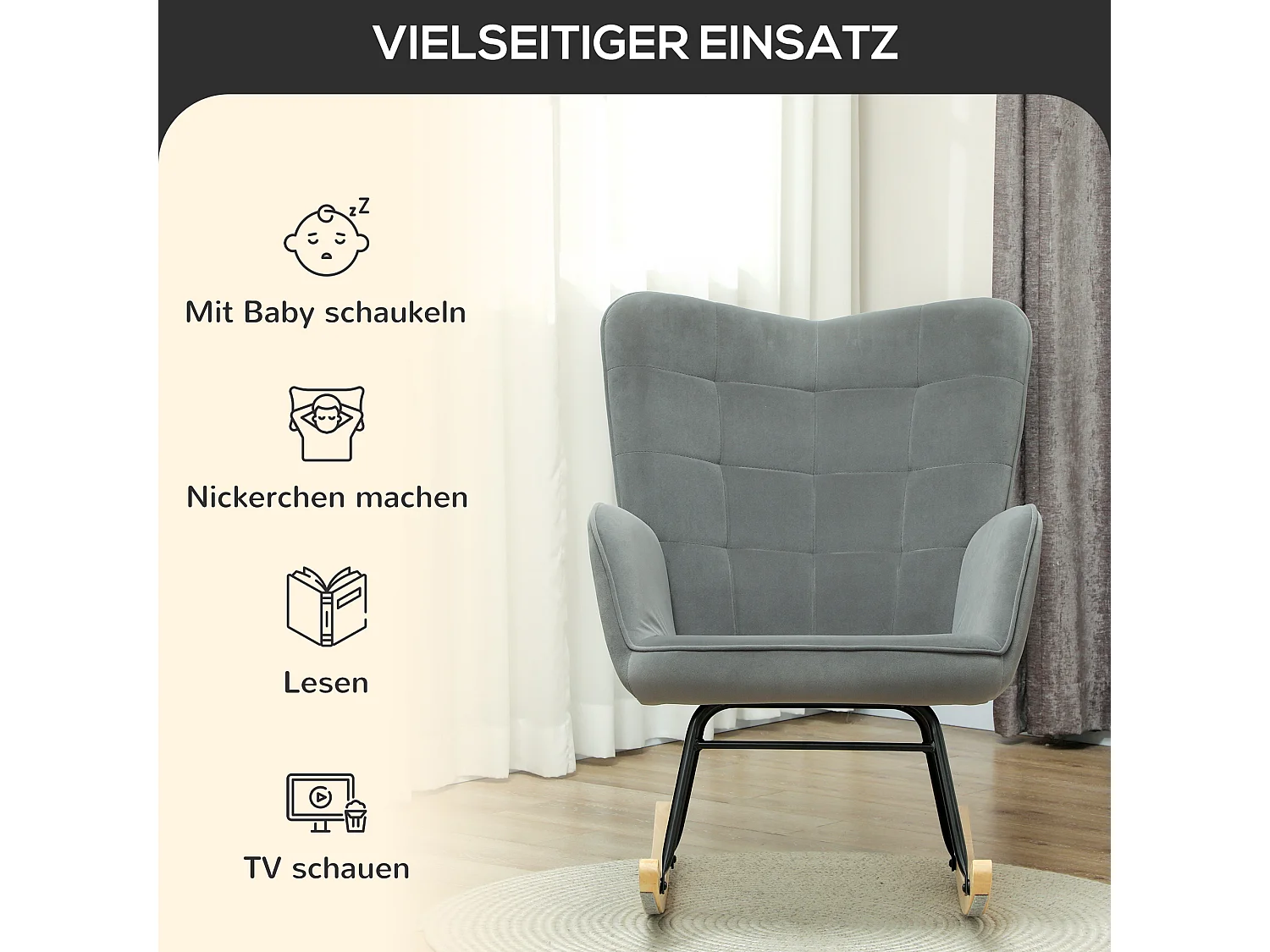 Fauteuil à bascule aspect velours,accoudoirs,patins en bois,fauteuil relax