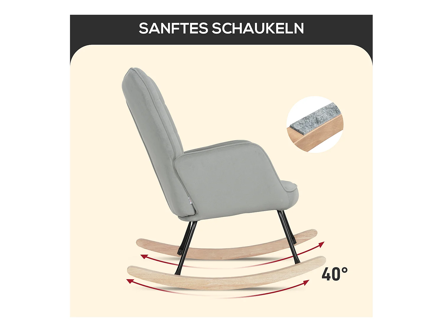 Schaukelstuhl, Samtoptik, Armlehnen, Sessel mit Holzgleitern, Relaxsessel