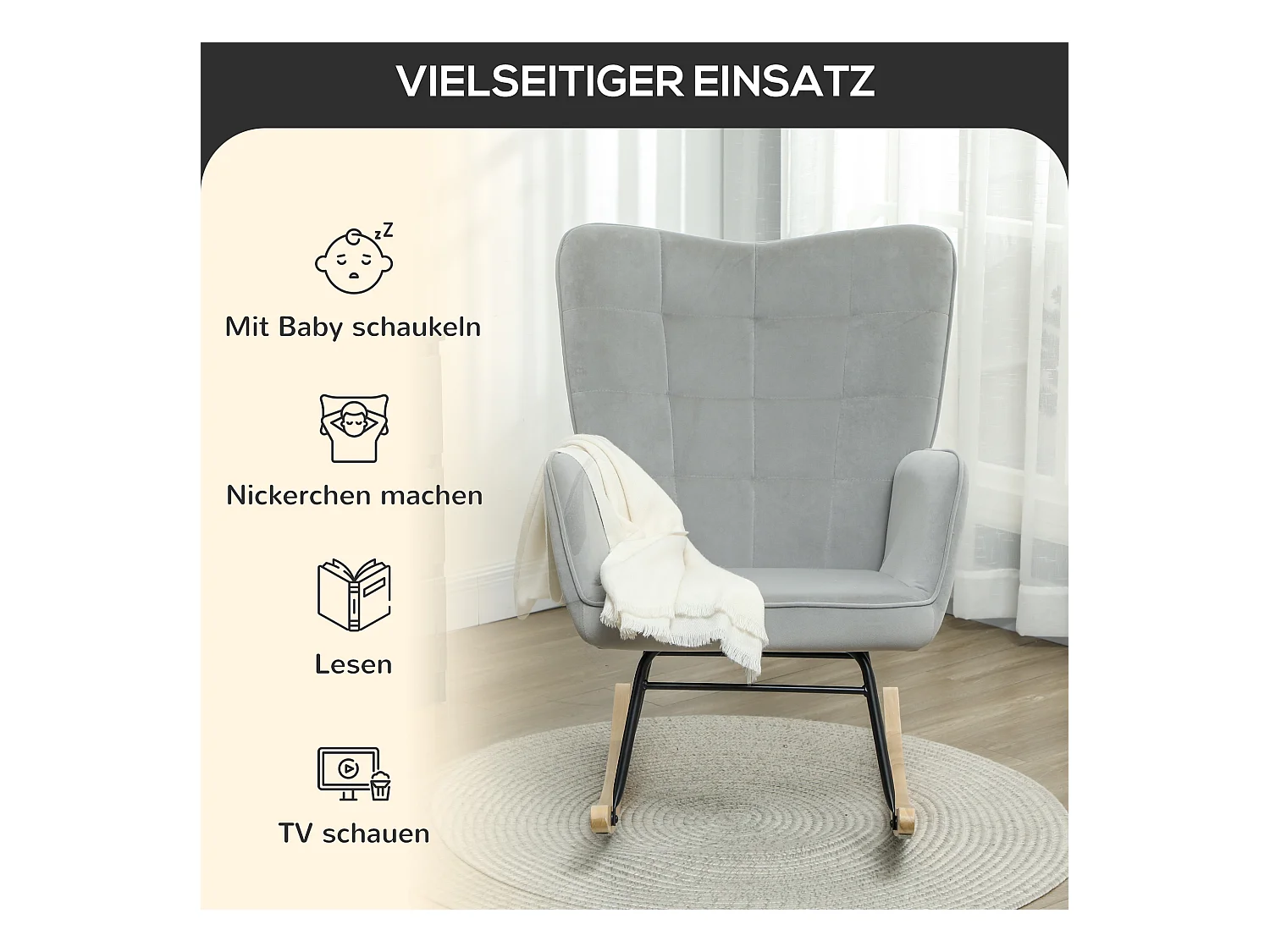 Schaukelstuhl, Samtoptik, Armlehnen, Sessel mit Holzgleitern, Relaxsessel