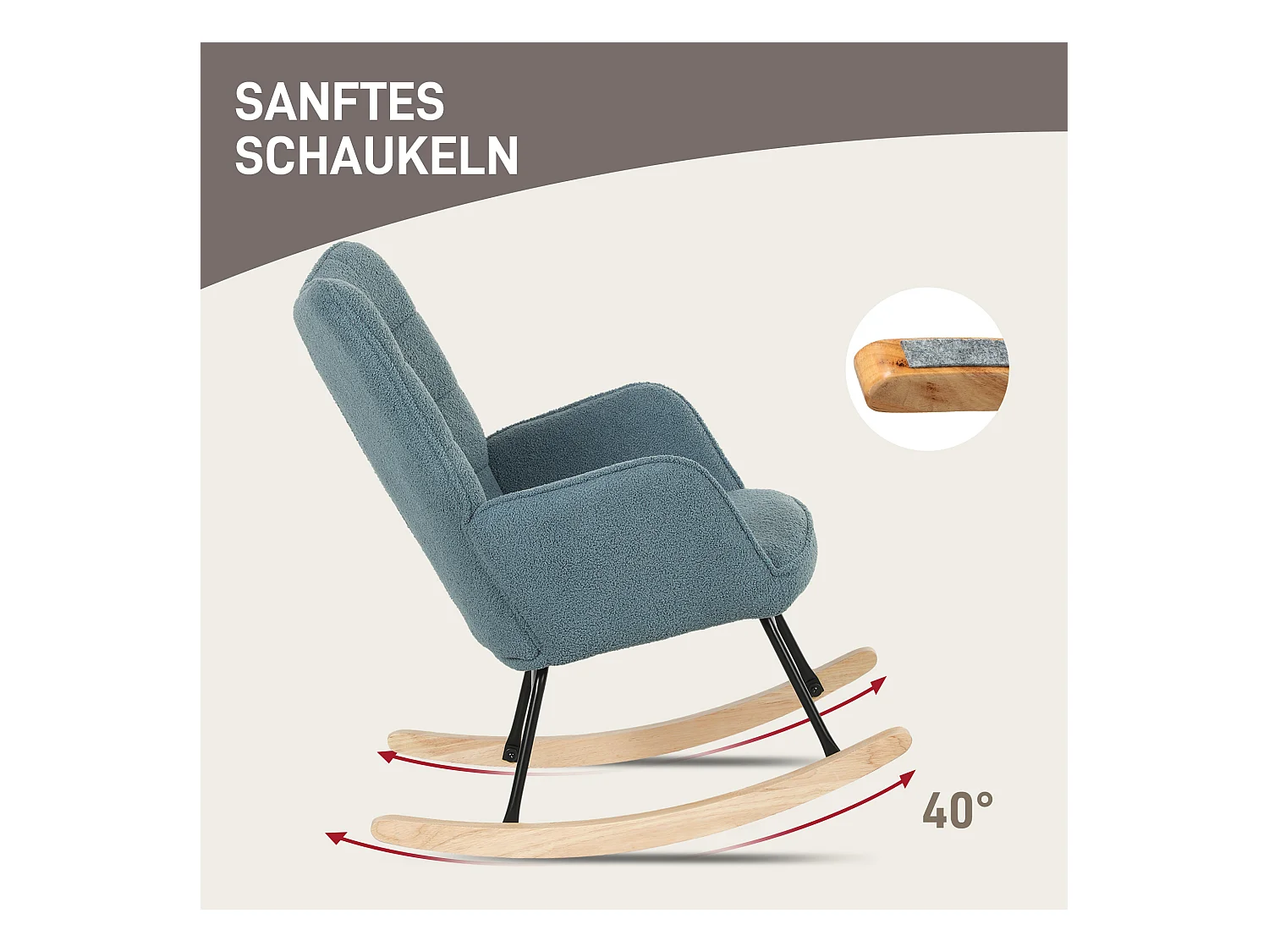 Schaukelstuhl in Berber-Fleece-Optik, gepolsterter Sessel mit Holzgestell