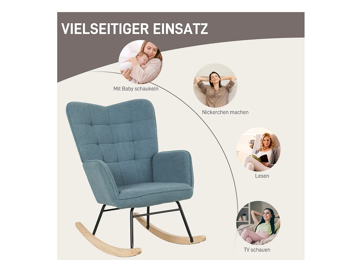 Schaukelstuhl in Berber-Fleece-Optik, gepolsterter Sessel mit Holzgestell