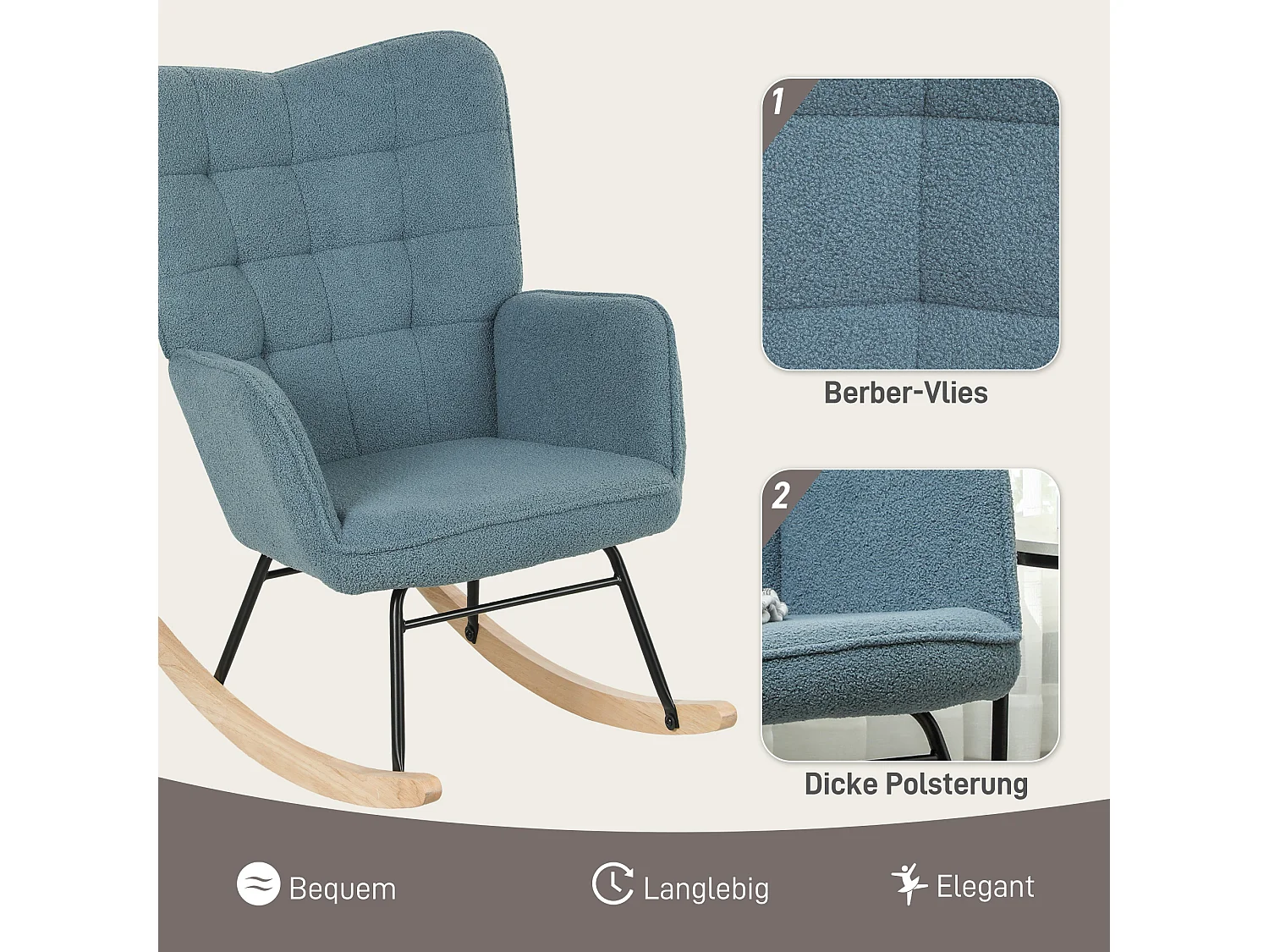 Fauteuil à bascule aspect polaire berbère,fauteuil rembourré avec piètement en bois