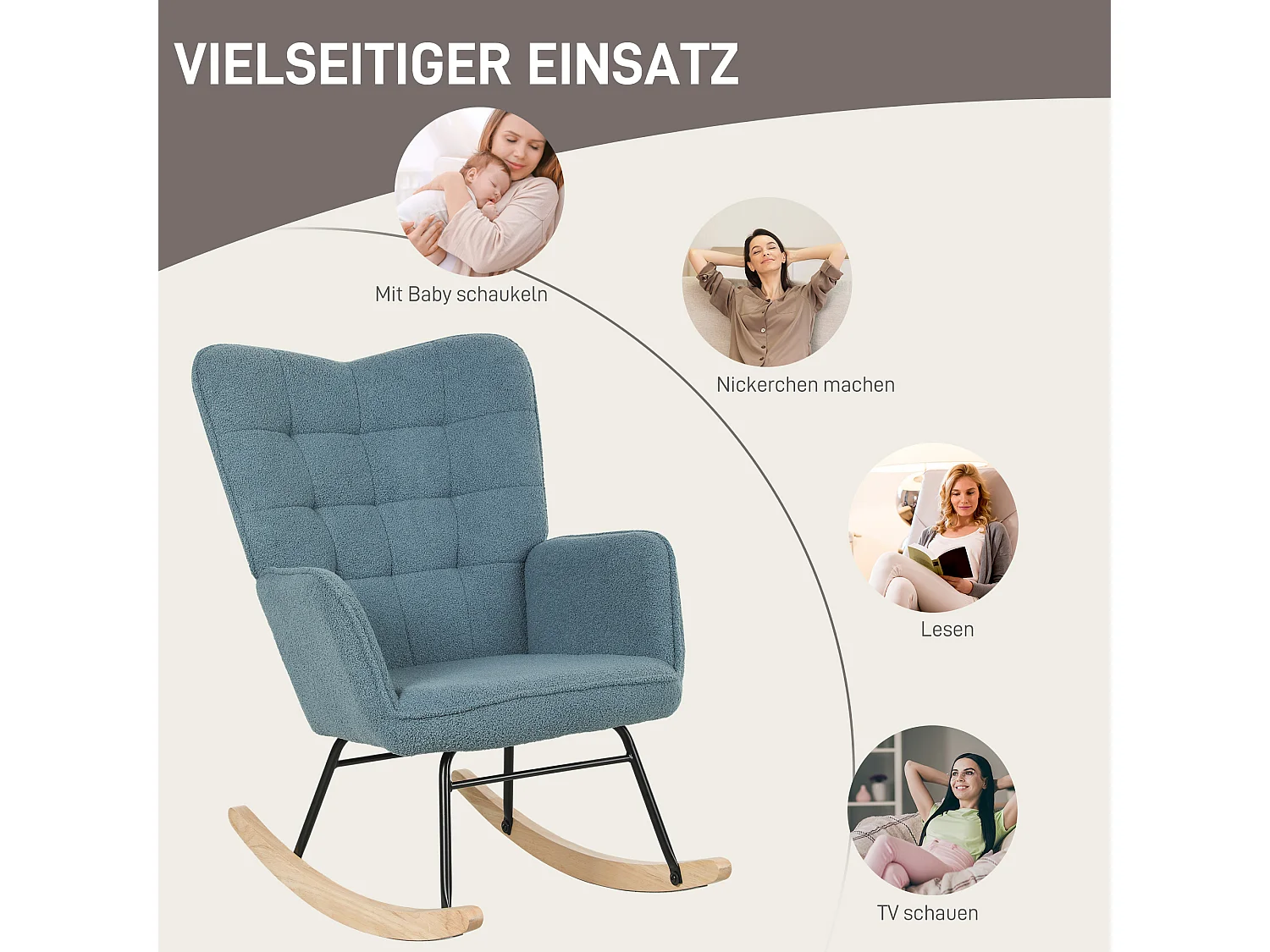 Fauteuil à bascule aspect polaire berbère,fauteuil rembourré avec piètement en bois