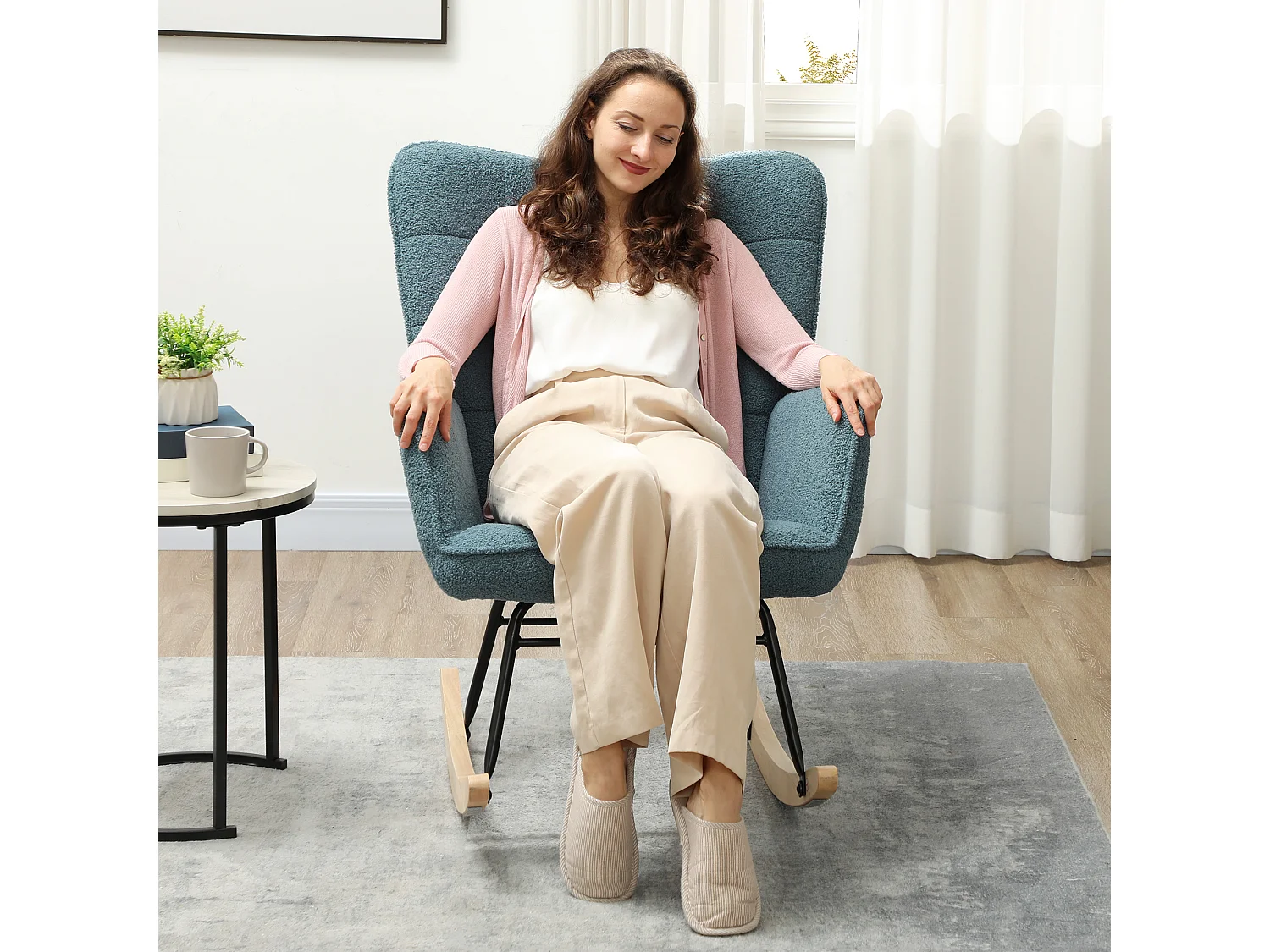 Fauteuil à bascule aspect polaire berbère,fauteuil rembourré avec piètement en bois