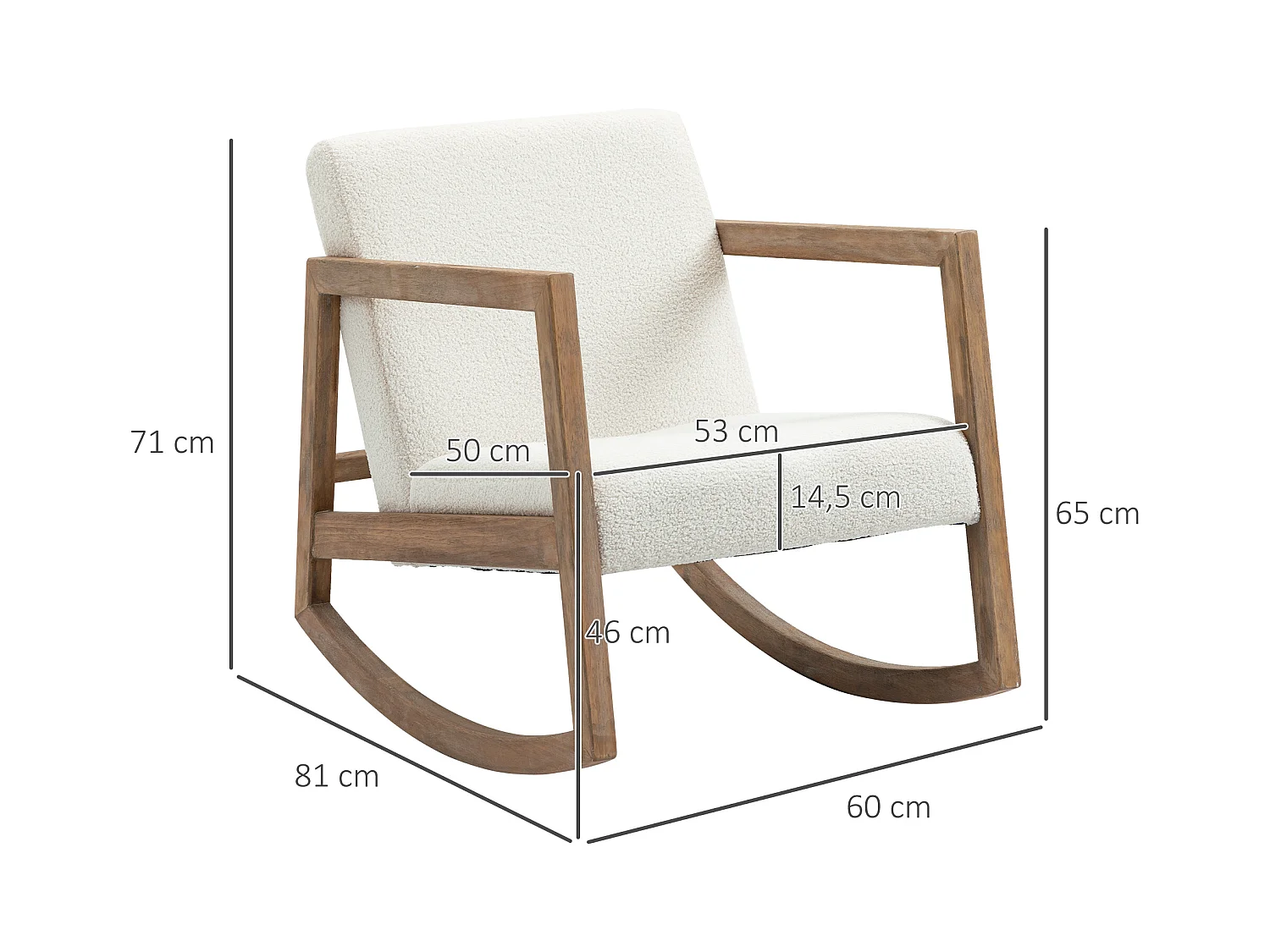 Fauteuil à bascule avec structure en bois,rembourré,fauteuil lounge,hévéa,blanc crème