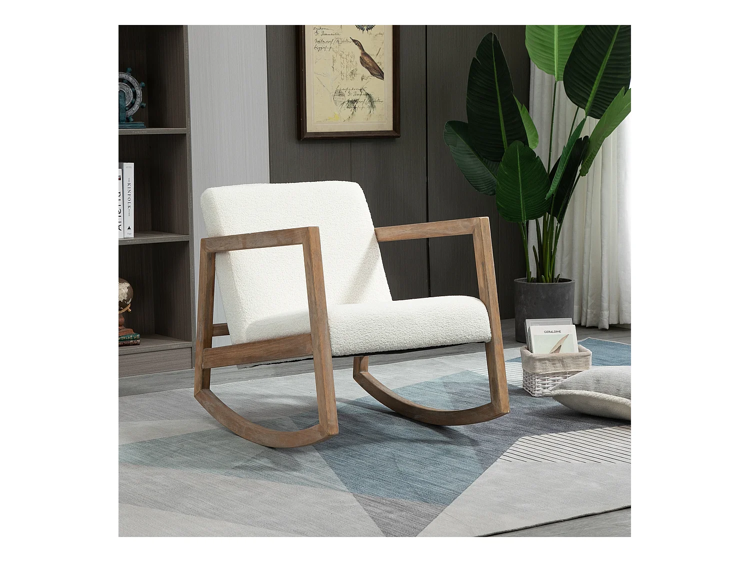 Fauteuil à bascule avec structure en bois,rembourré,fauteuil lounge,hévéa,blanc crème