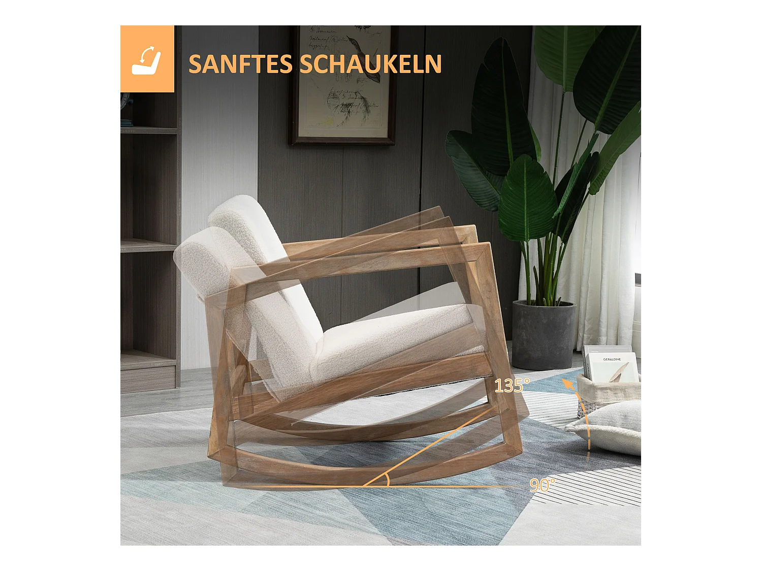 Schaukelstuhl mit Holzgestell, gepolstert, Loungesessel, Gummibaumholz, cremeweiß
