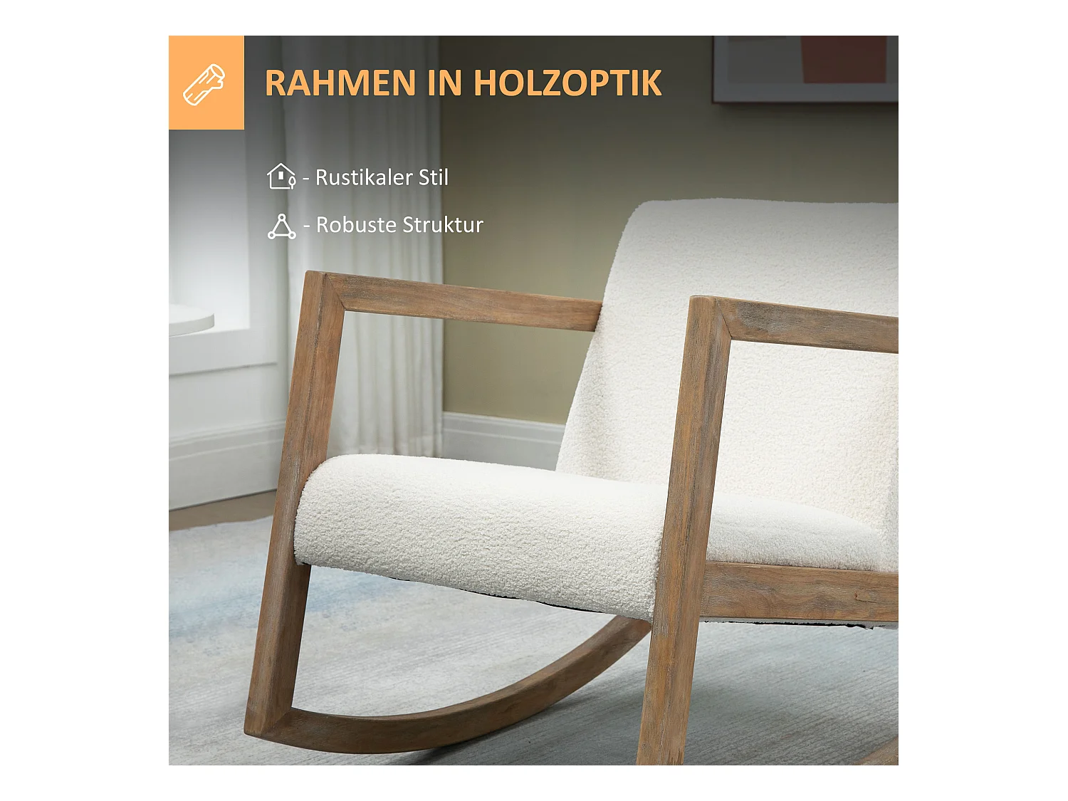 Schaukelstuhl mit Holzgestell, gepolstert, Loungesessel, Gummibaumholz, cremeweiß