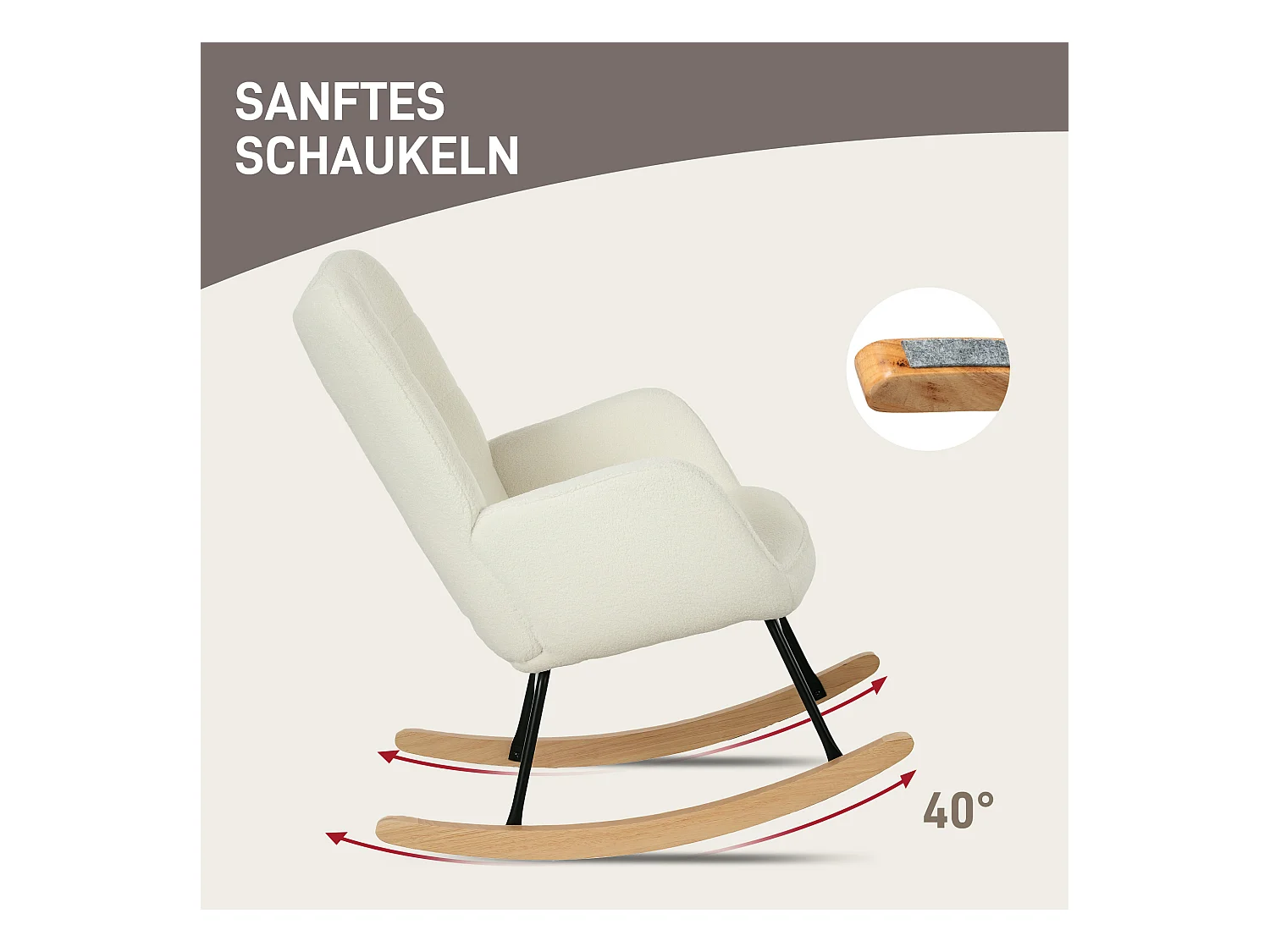 Schaukelstuhl mit Berber-Fleece-Optik, Armlehnen, Polstersessel mit Holzgleitern