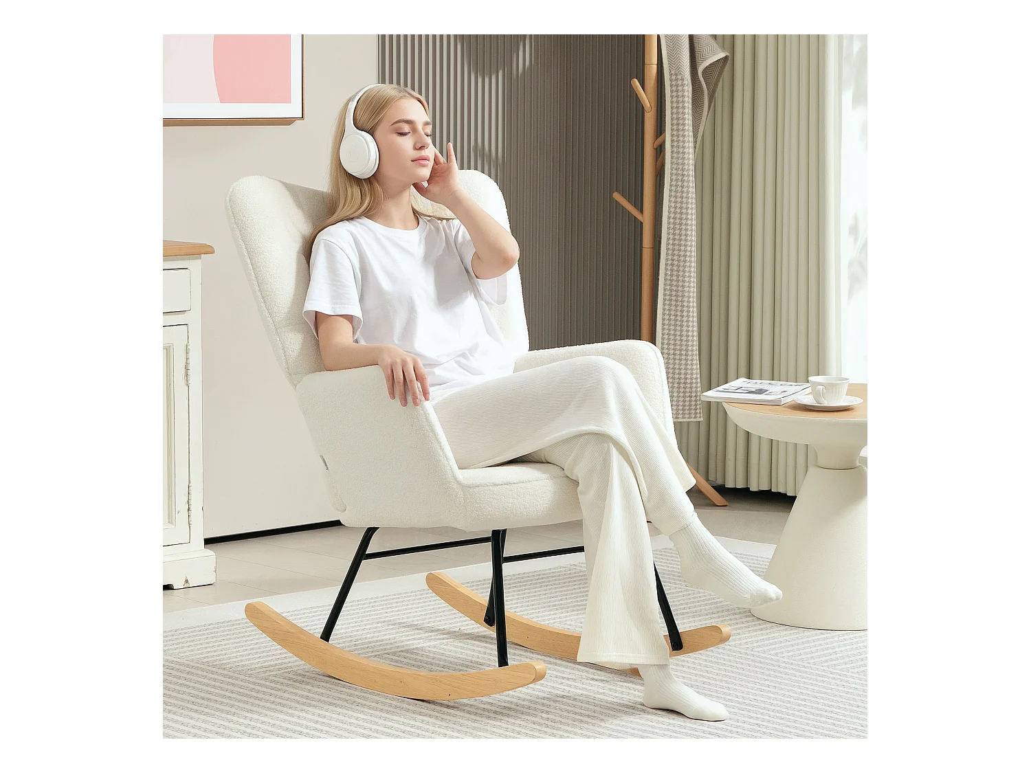 Fauteuil à bascule aspect polaire berbère,accoudoir,fauteuil rembourré avec patins en bois