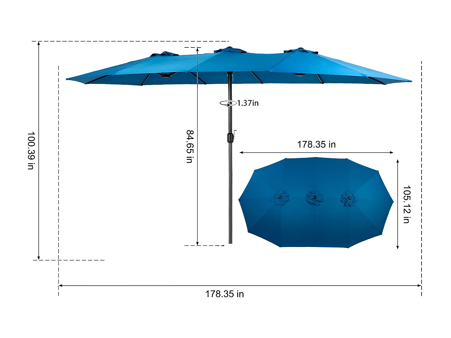 4,5 m rechthoekige dubbelzijdige parasol met slinger (donkerblauw) (zonder voet)