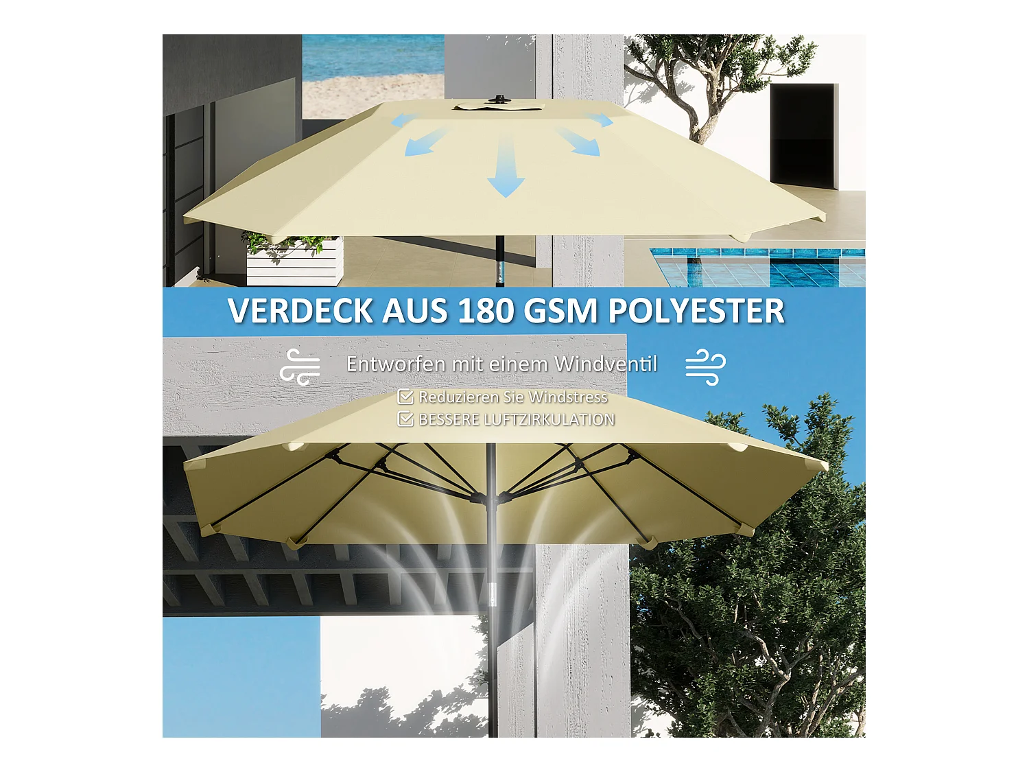 233 cm Sonnenschirm, achteckiger Klappschirm, windstabil, robust, Balkonschirm