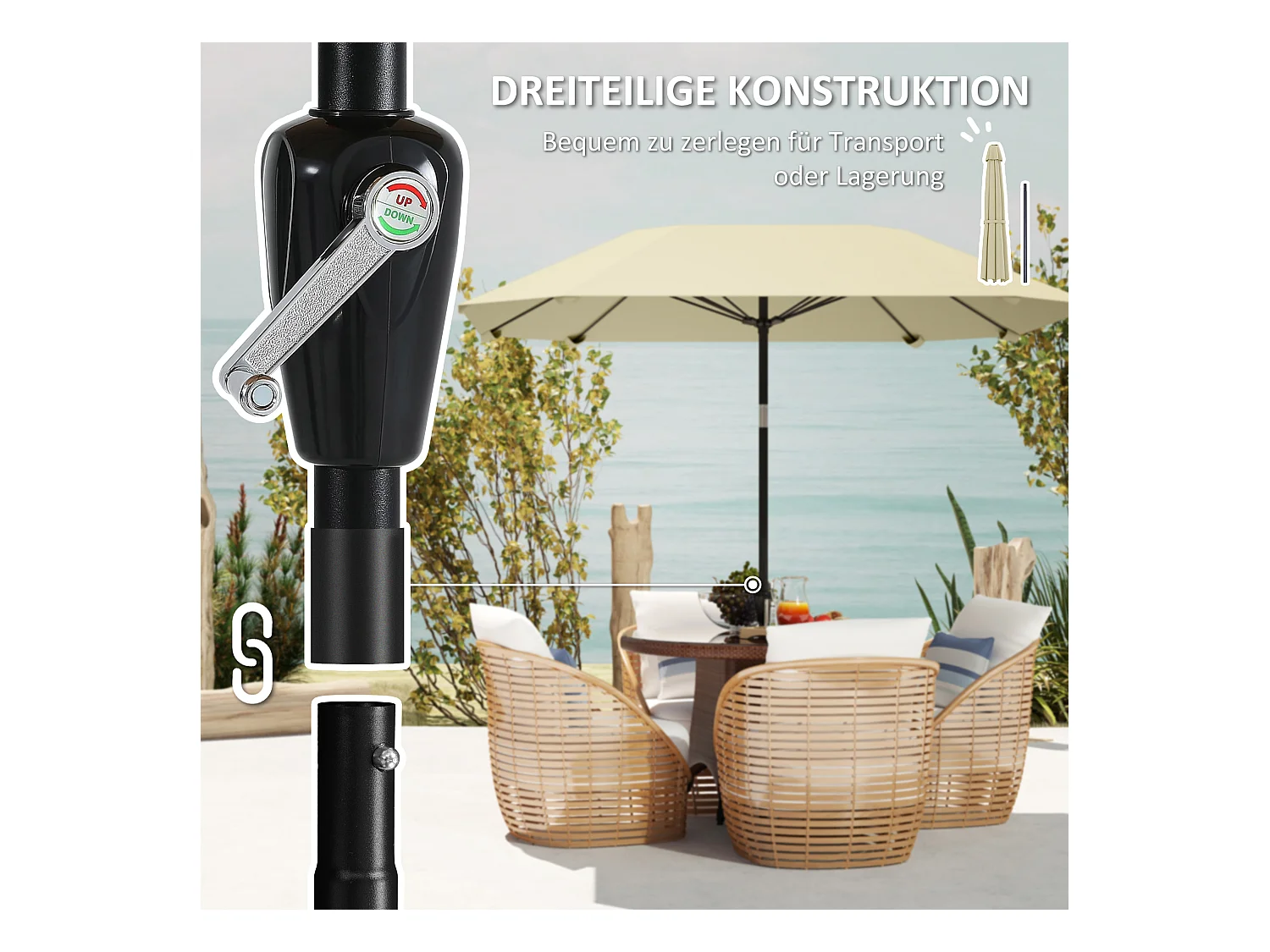 233 cm Sonnenschirm, achteckiger Klappschirm, windstabil, robust, Balkonschirm