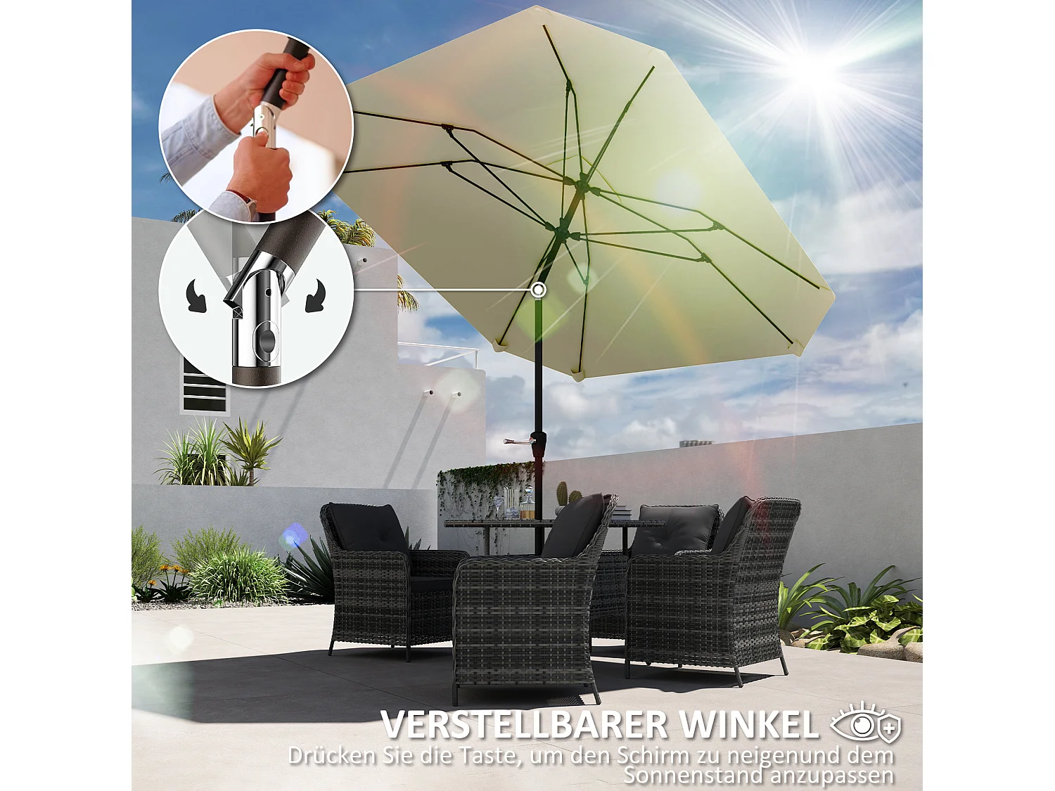 233 cm Sonnenschirm, achteckiger Klappschirm, windstabil, robust, Balkonschirm