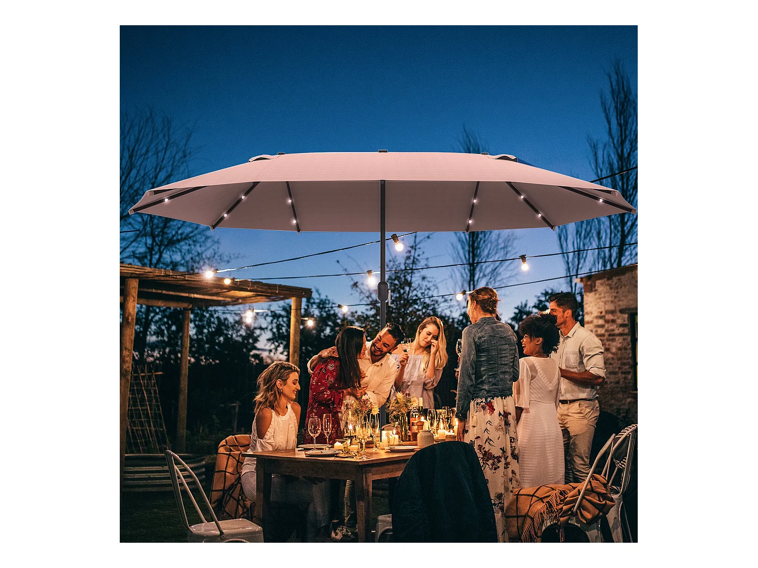 Sombrilla doble con LED de 440 x 260 cm, sombrilla ovalada grande para jardín o terraza.