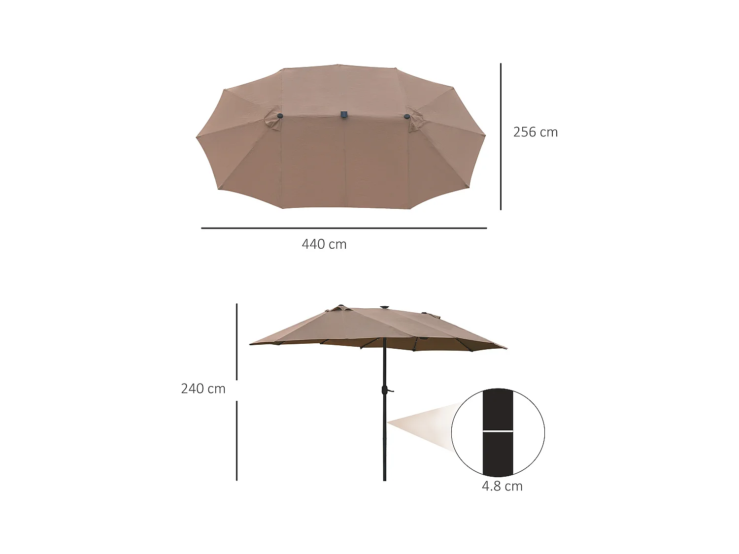 Sombrilla doble con LED de 440 x 260 cm, sombrilla ovalada grande para jardín o terraza.