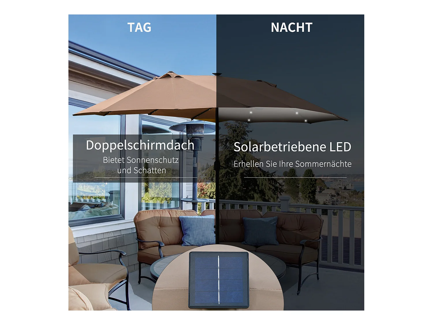 Sombrilla doble con LED de 440 x 260 cm, sombrilla ovalada grande para jardín o terraza.