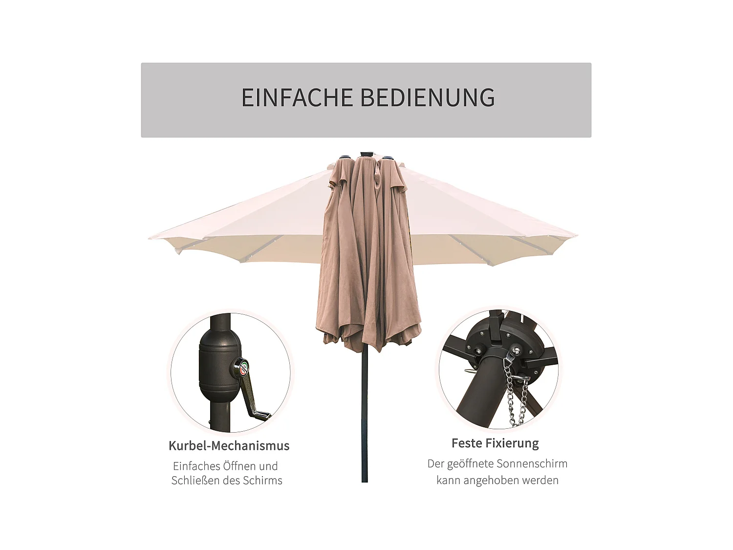 Sombrilla doble con LED de 440 x 260 cm, sombrilla ovalada grande para jardín o terraza.