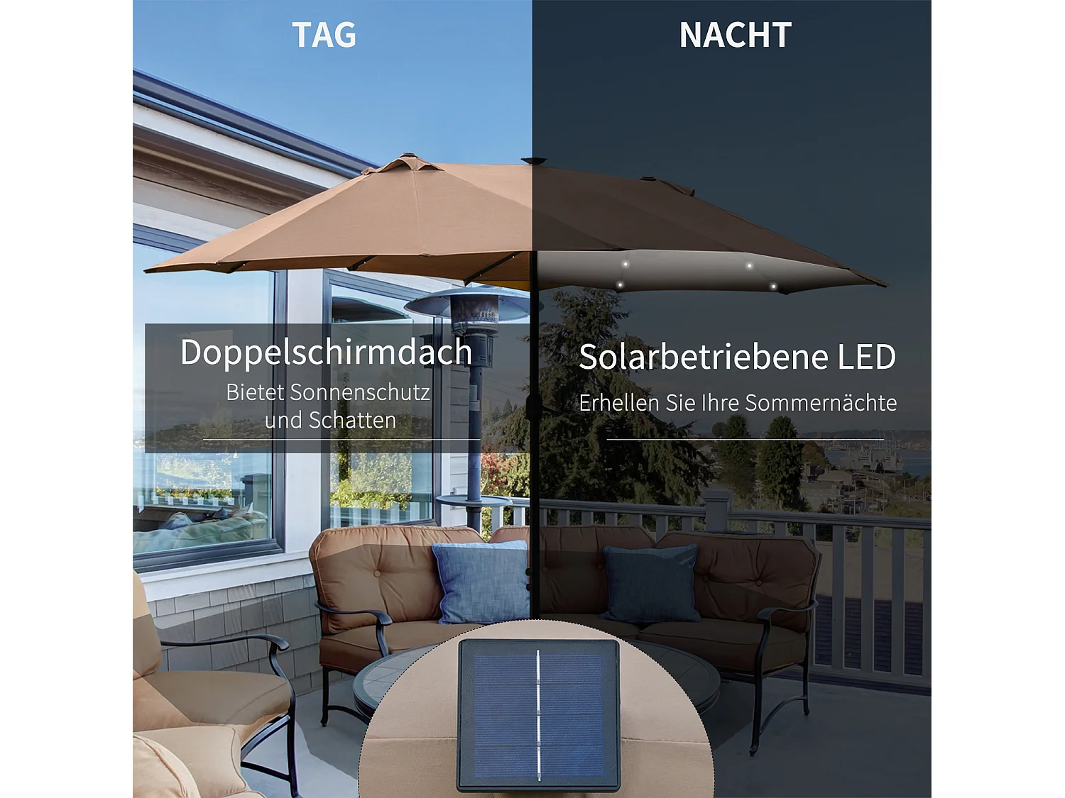 Dubbele parasol van 440 x 260 cm met ledverlichting, grote ovale tuinparasol, terrasparasol.
