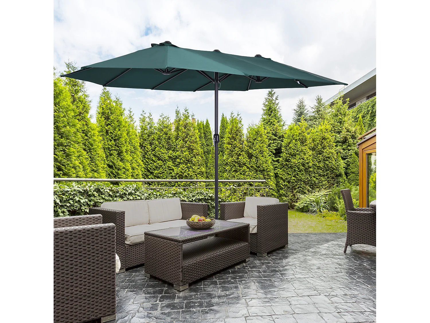 Doppler balkonparasol, 460 x 270 x 241 cm, Ø 2,7 m, met kruisvoet, verzwaard