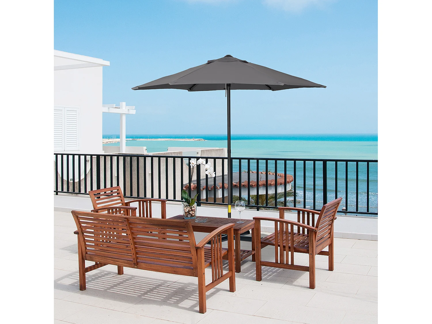 Terrassenschirm Ø 196 cm, drehbar, sechseckiger Sonnenschirm mit Klappschirm, Balkonschirm